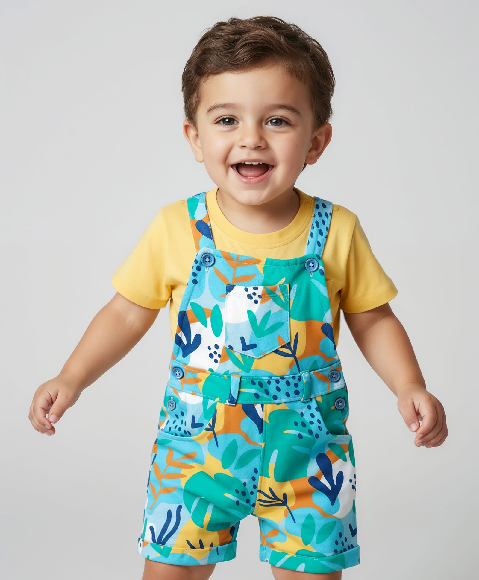 Babyhug Single Jersey Knit Dungaree & Half Sleeves T-Shirt With Leaf Print - Light Blue & Yellow-image-35