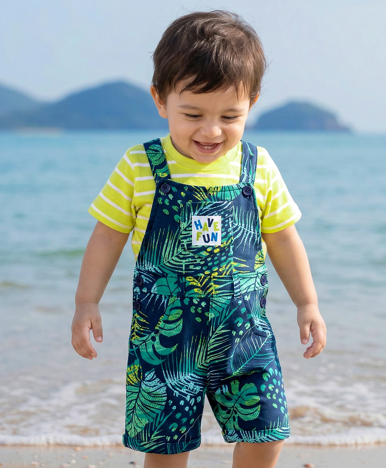 Babyhug Single Jersey Knit Half Sleeves T-Shirt & Dungaree With Tropical Print - Limegreen & Teal Blue-image-19
