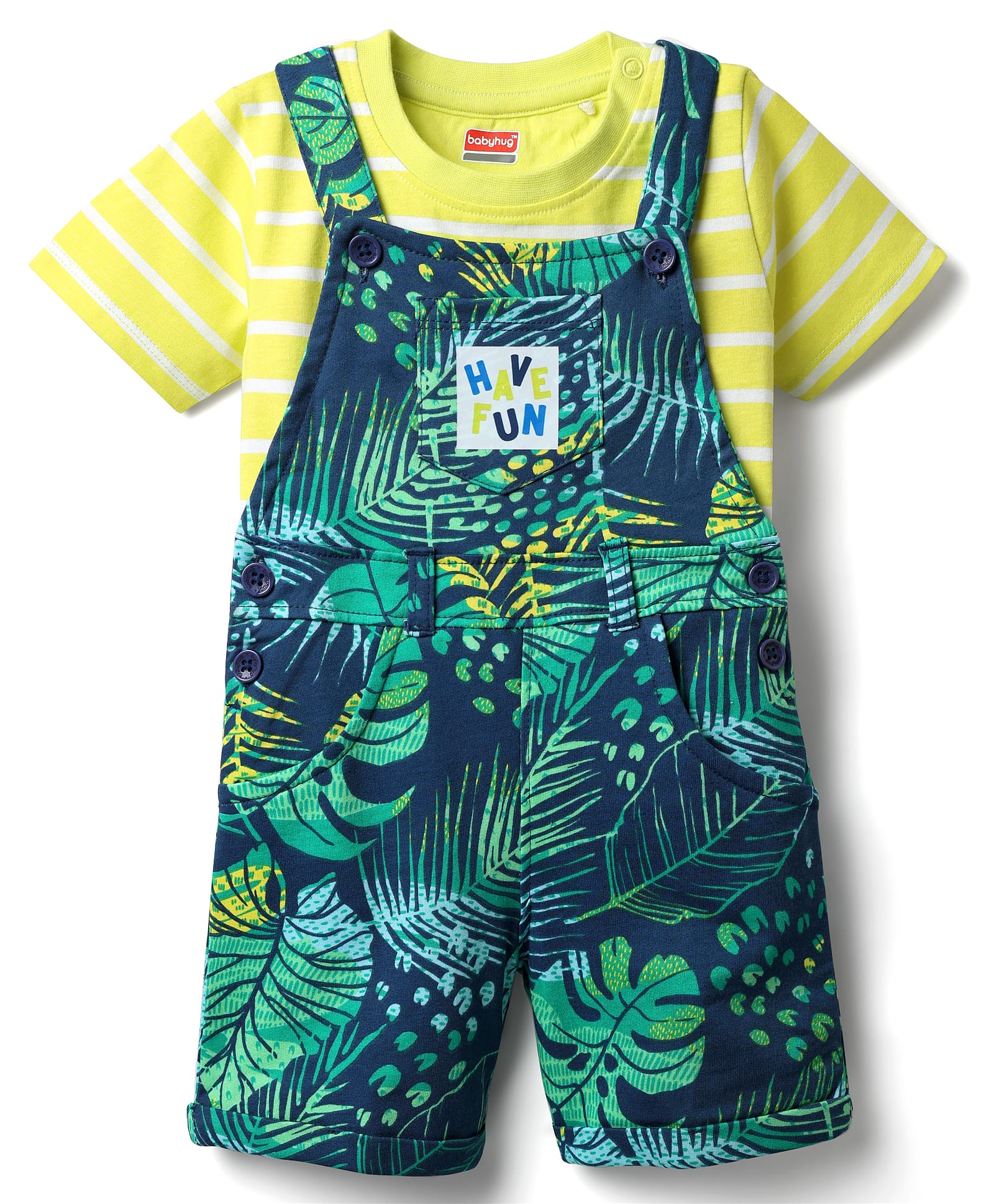 Babyhug Single Jersey Knit Half Sleeves T-Shirt & Dungaree With Tropical Print - Limegreen & Teal Blue