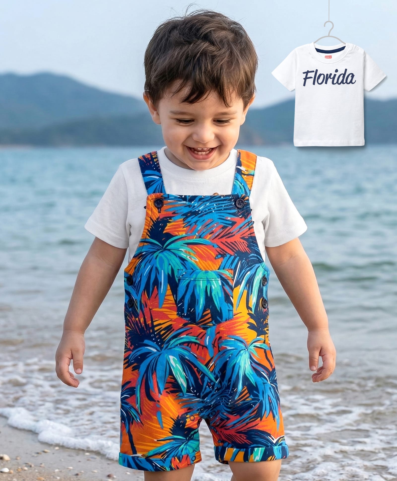 Babyhug Single Jersey Knit Half Sleeves T-Shirt & Dungaree With Tropical Print - White & Navy Blue-picture-10