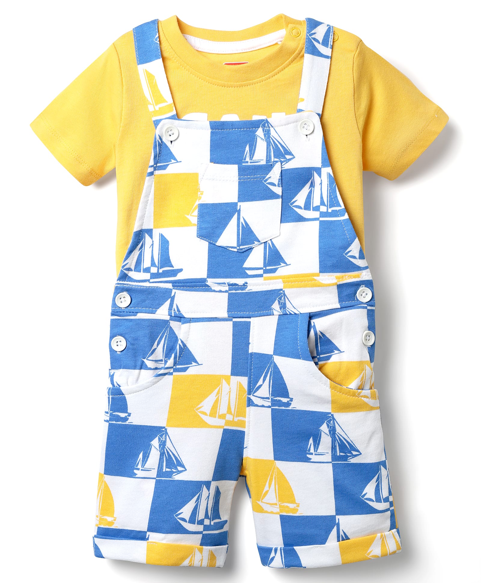 Babyhug Single Jersey Knit Half Sleeves T-Shirt & Dungaree With Boat Print - Yellow & Blue