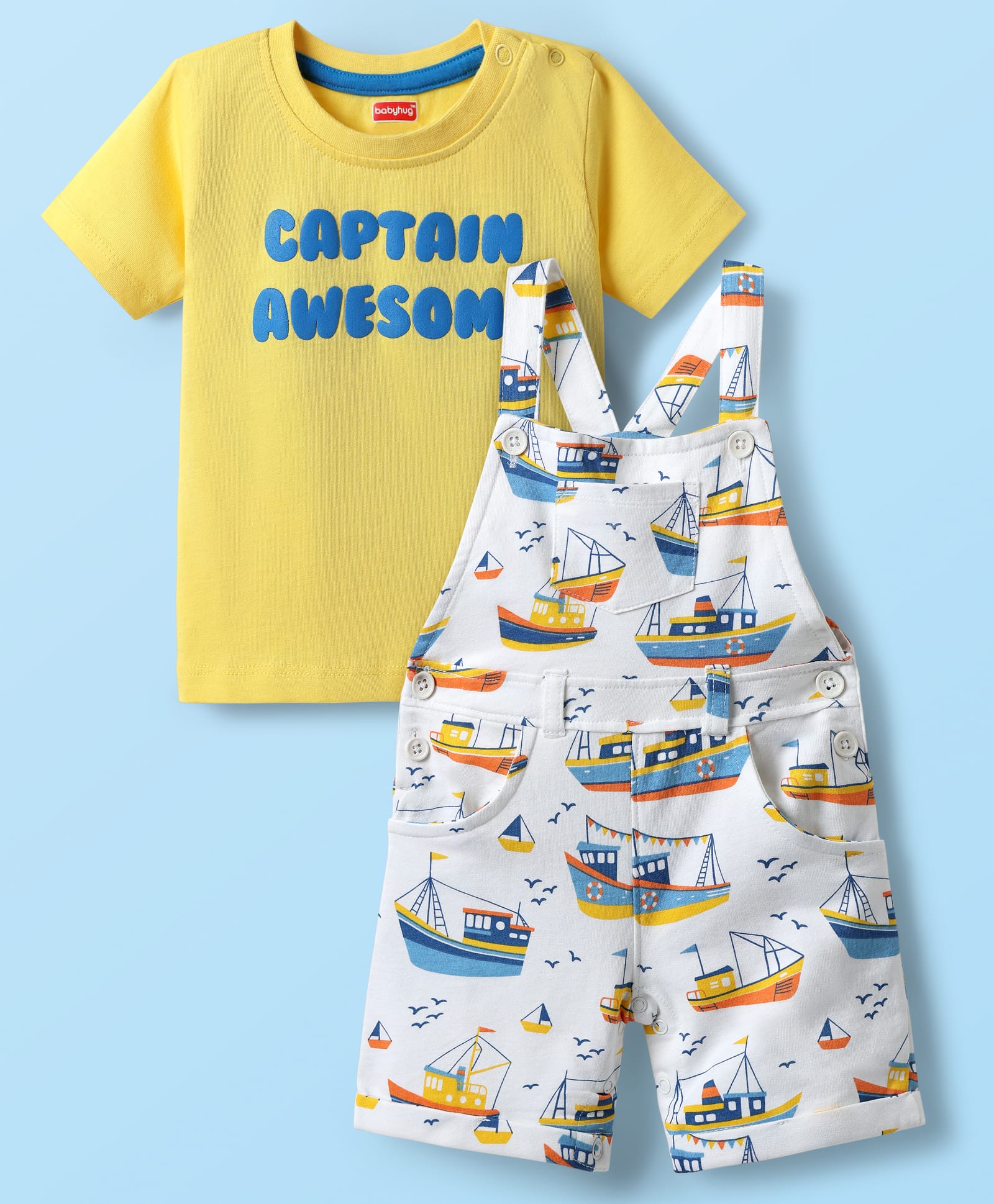 Babyhug Single Jersey Knit Dungaree & Half Sleeves T-Shirt With Boat Print - White & Yellow-picture-19
