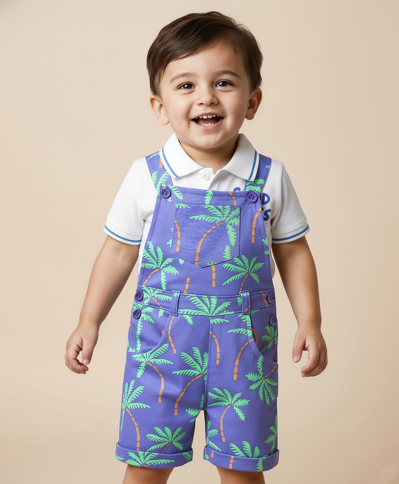 Babyhug Single Jersey Knit Dungaree & Half Sleeves Polo Inner Tee With Tree Print - Blue & White-image-40
