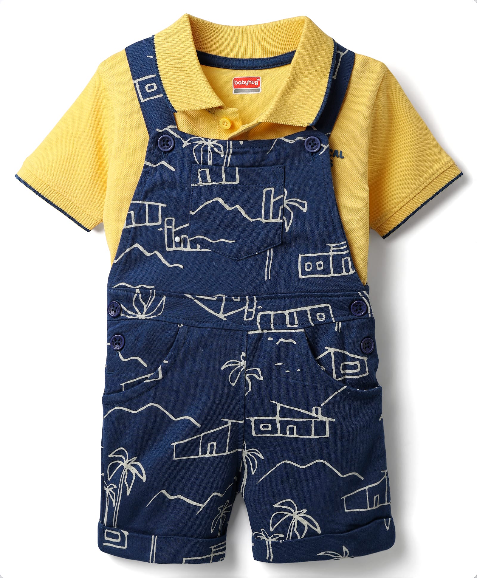 Babyhug Single Jersey Knit Half Sleeves Polo T-Shirt & Dungaree With Beach Theme Print - Yellow & Blue