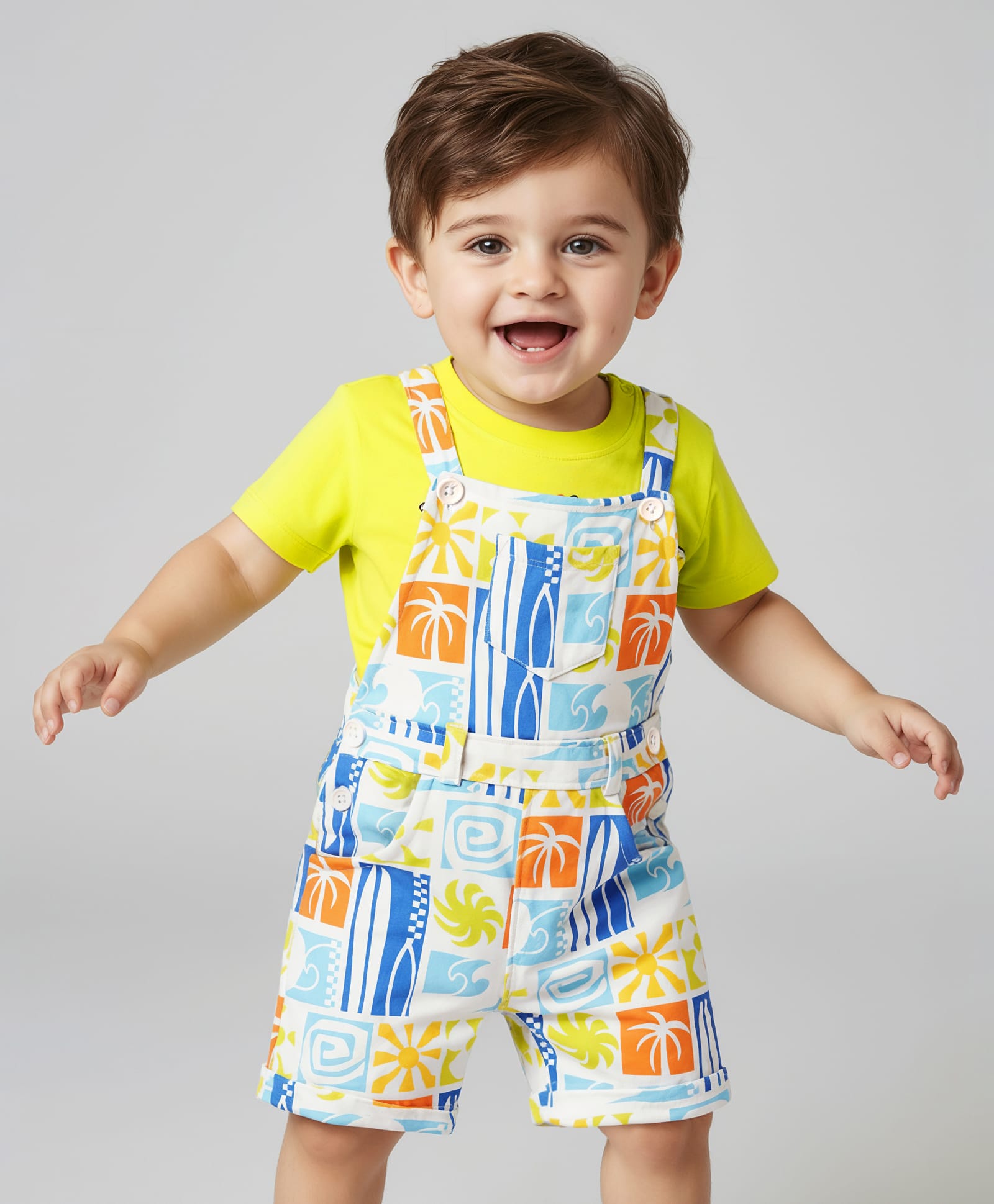 Babyhug Single Jersey Knit Dungaree & Half Sleeves T-Shirt With Tropical Theme Print - White & Green-picture-24