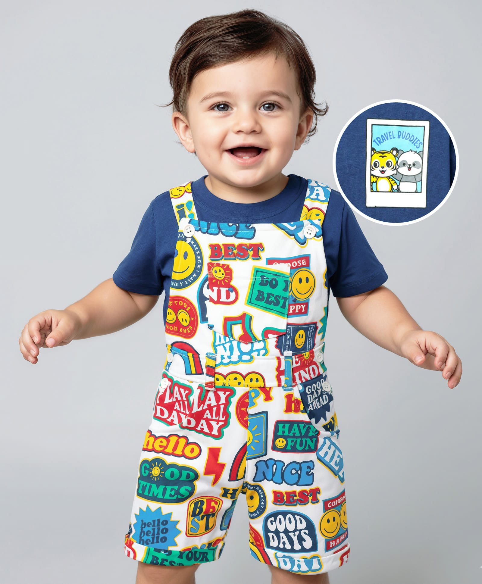 Babyhug Single Jersey Knit Half Sleeves T-Shirt & Dungaree With Text & Smiley Print - White & Blue-image-16