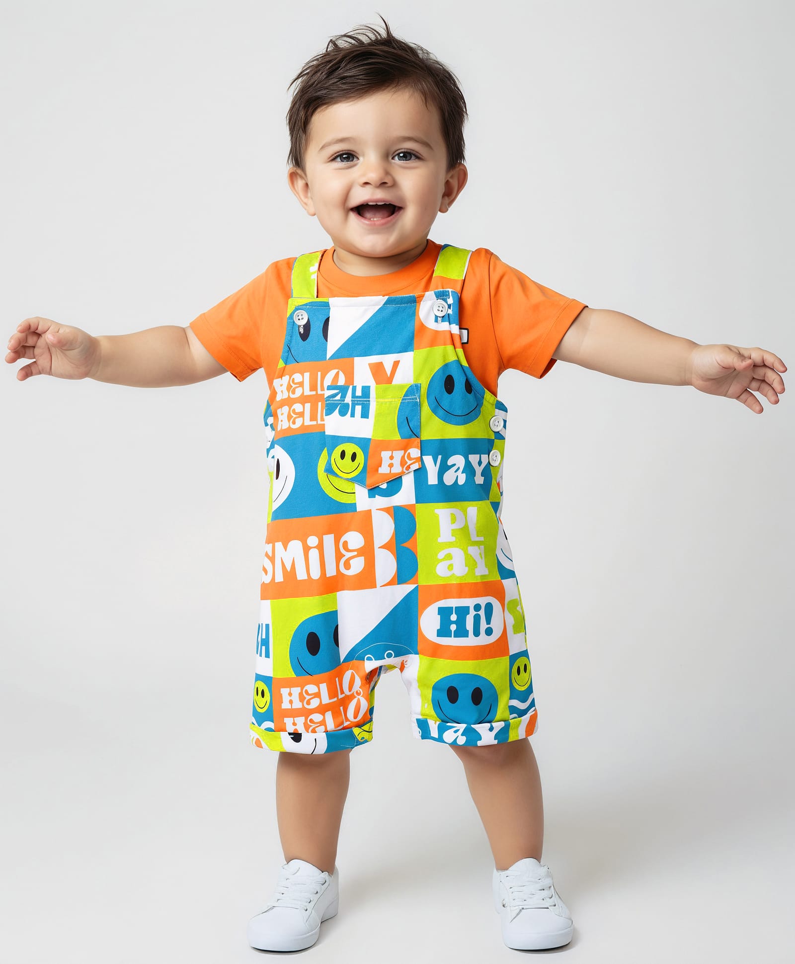 Babyhug Single Jersey Knit Half Sleeves T-Shirt & Dungaree With Text & Smiley Print - Orange
