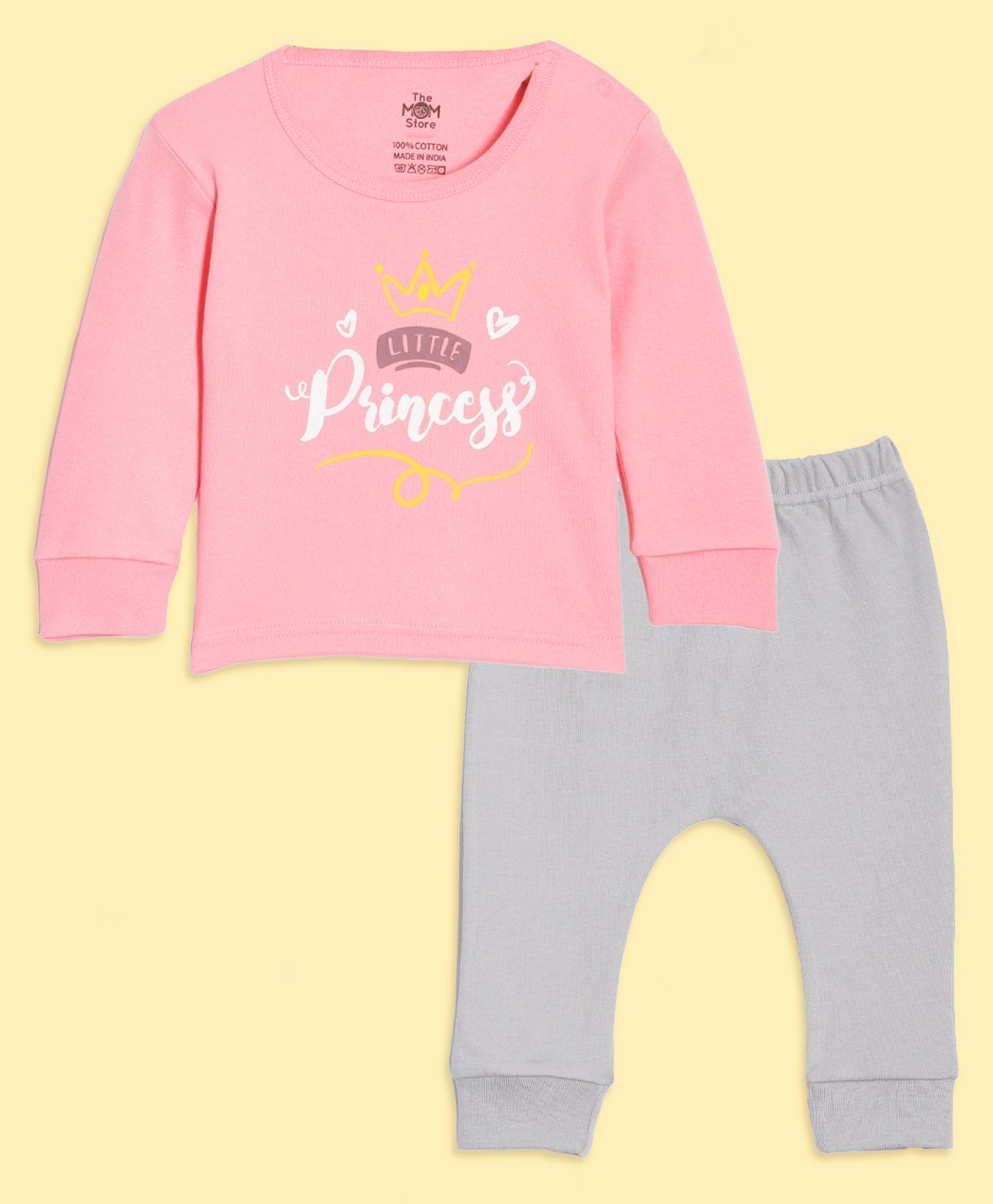 The Mom Store Cotton Knit Full Sleeves Little Princess Text Printed Night Suit Set - Multi Colour-picture-34