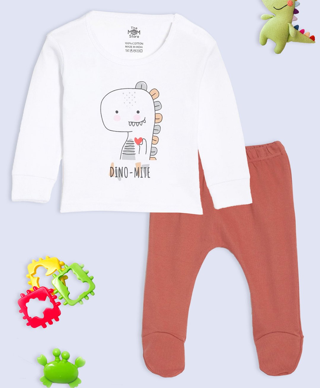 The Mom Store Cotton Knit Full Sleeves Dinosaur Printed Tee & Pajama Set - Multi Colour-picture-37