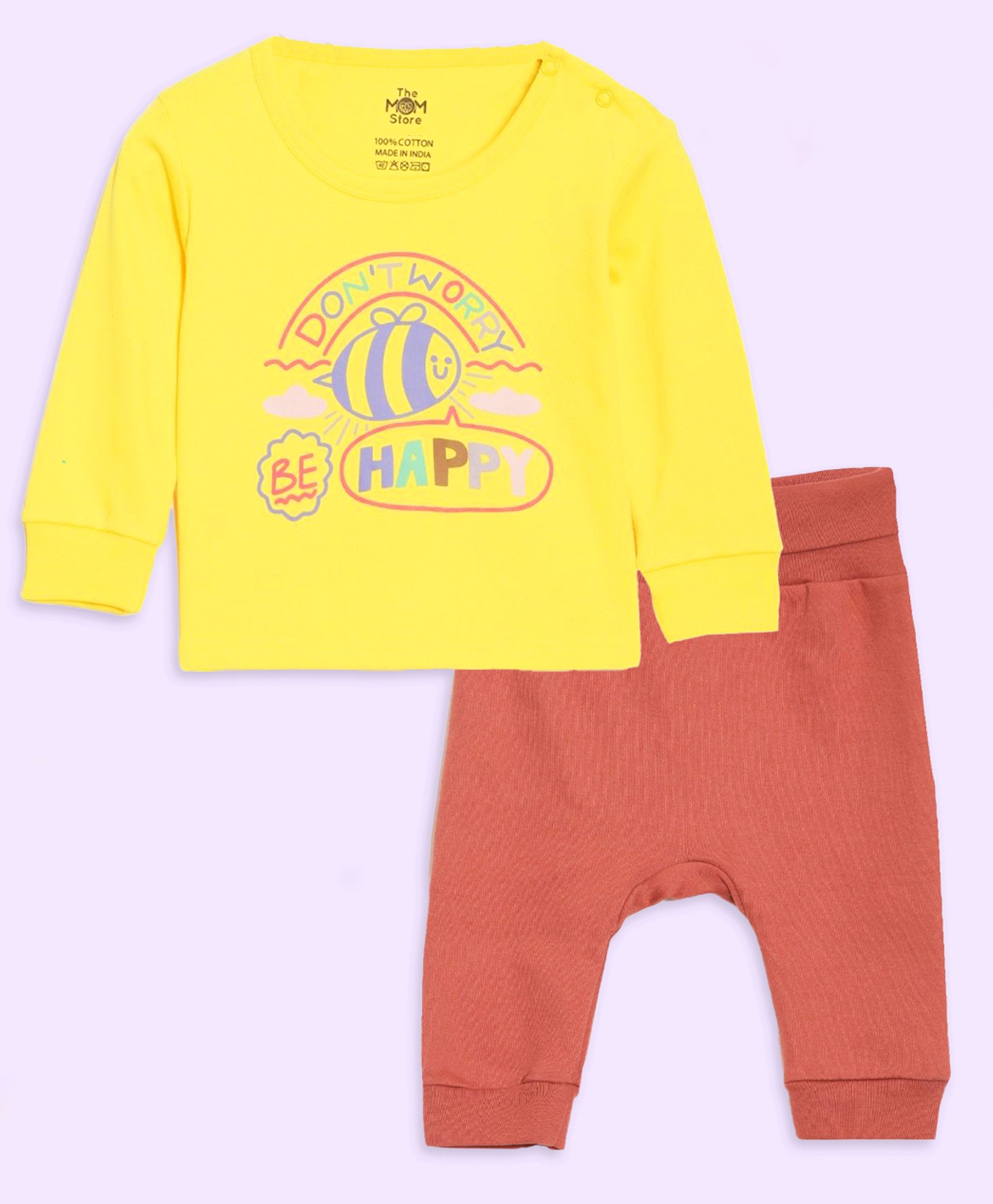 The Mom Store Cotton Knit Full Sleeves Dont Worry Be Happy Text Printed Night Suit Set - Multi Colour-image-40