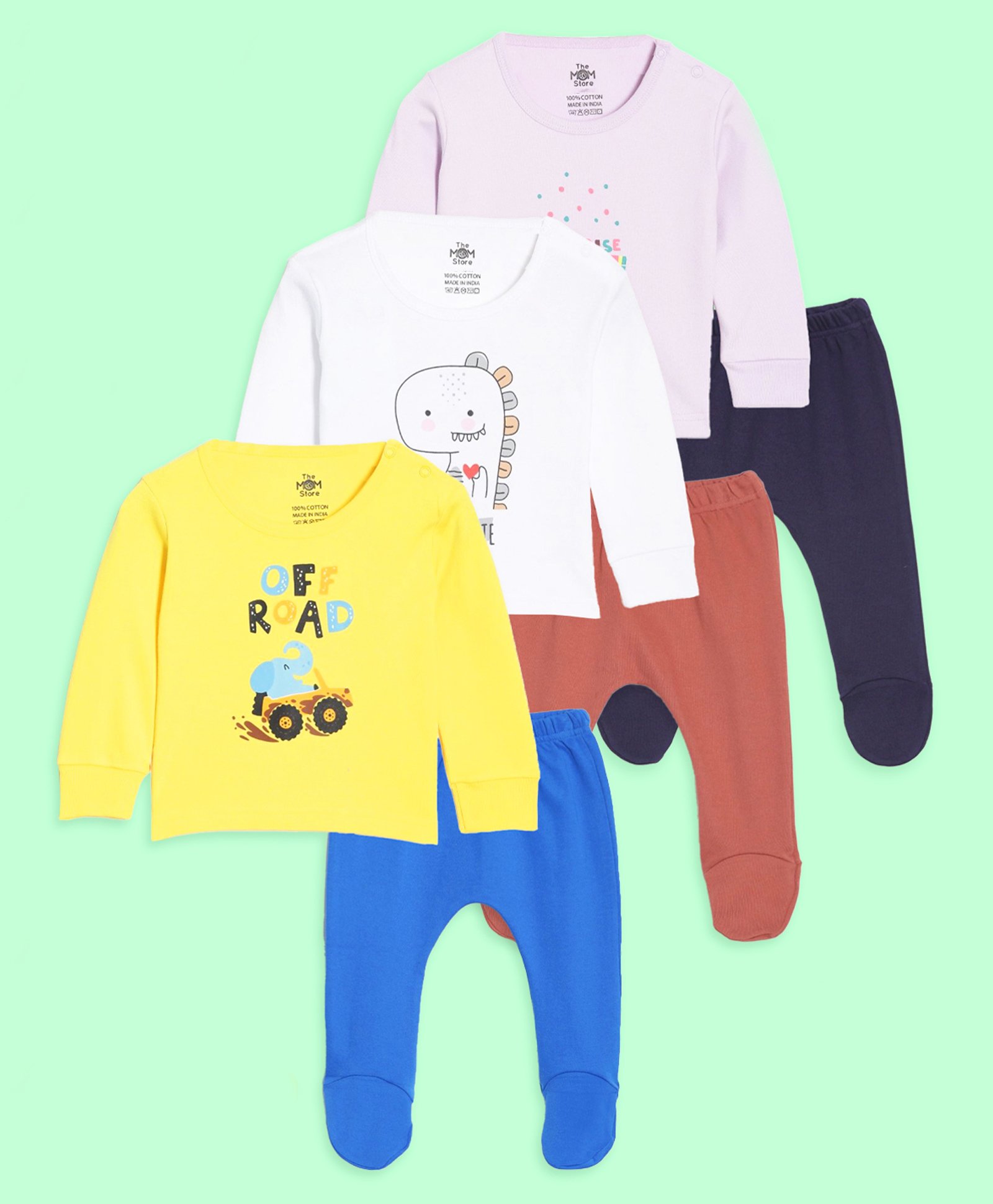 The Mom Store Cotton Knit Pack Of 3 Full Sleeves Dinosaur & Typography Printed Night Suit Set - Multi Colour-picture-36