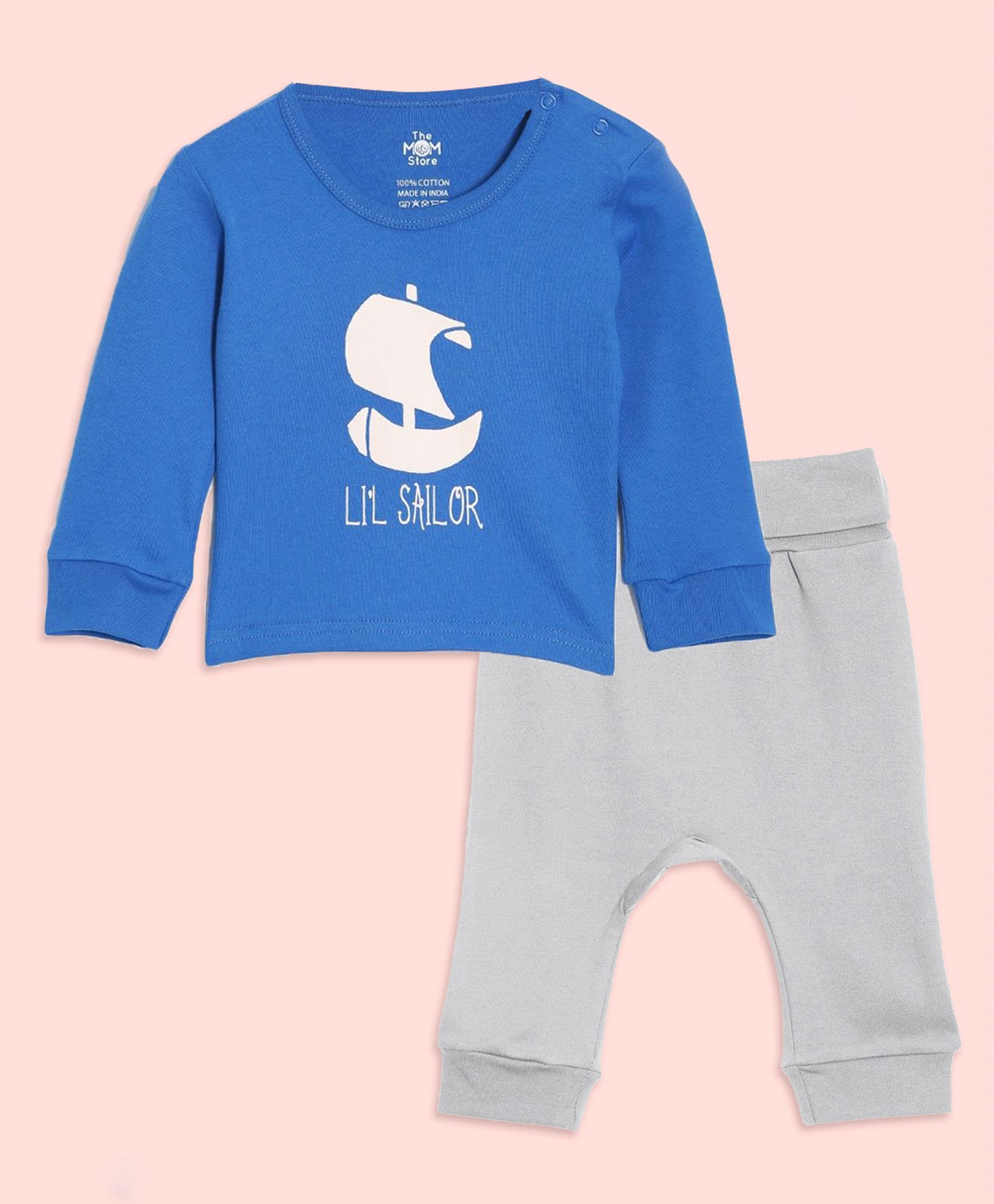 The Mom Store Cotton Full Sleeves Lil Sailor Text Printed Night Suit Set - Multi Colour-picture-36