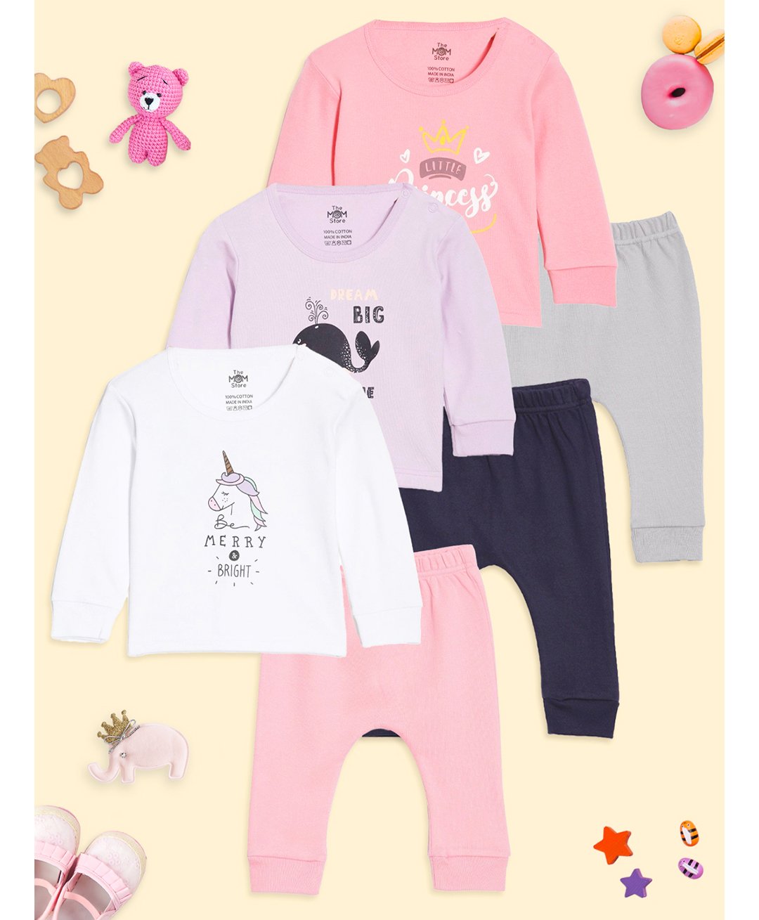The Mom Store Cotton Knit Pack Of 3 Full Sleeves Unicorn & Whale Printed Tees & Pajamas Set - Multi Colour-image-40