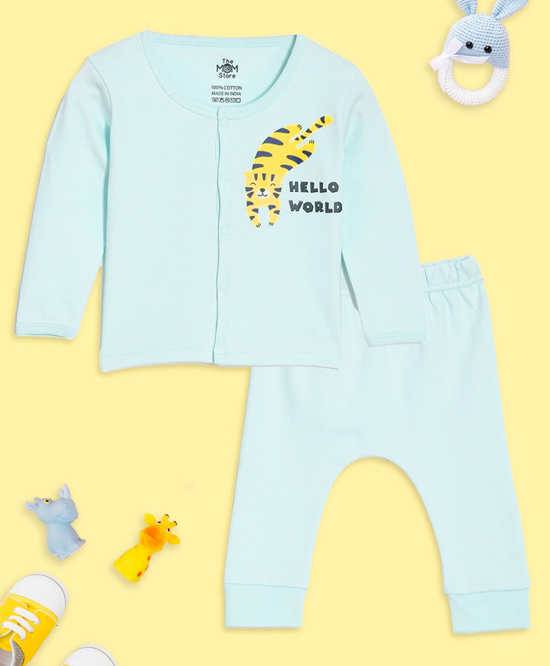 The Mom Store Cotton Knit Full Sleeves Tiger Printed Shirt & Pajama Set - Multi Colour-picture-32