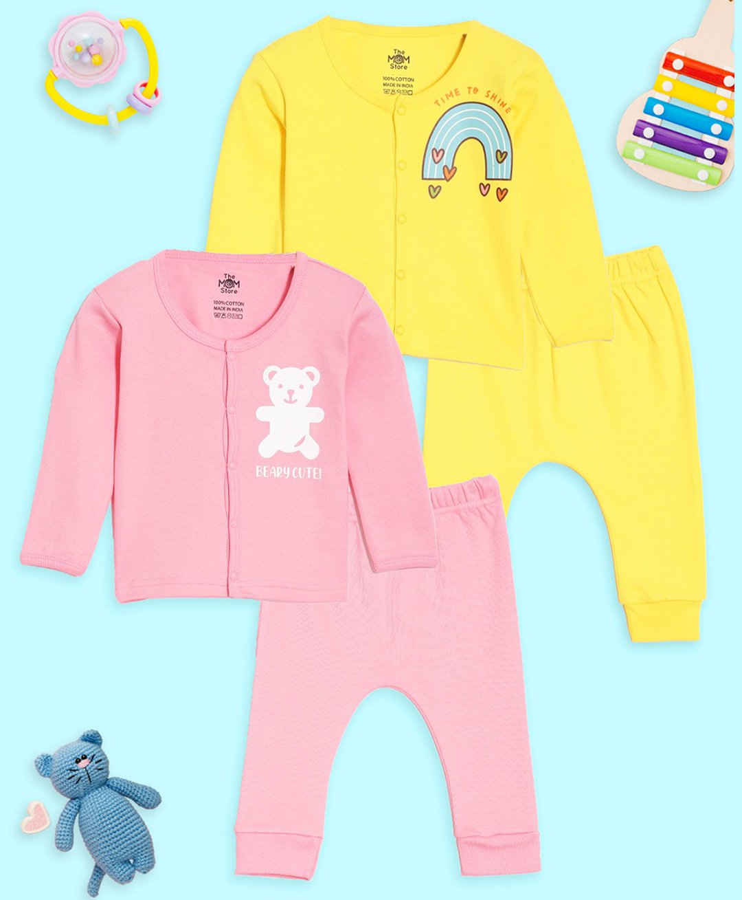 The Mom Store Cotton Knit Pack Of 2 Full Sleeves Teddy Bear & Hearts Printed Shirt & Pajama Set - Multi Colour-picture-27