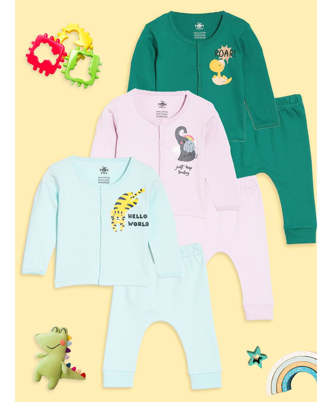 The Mom Store Cotton Knit Pack Of 3 Full Sleeves Animals Printed Shirts & Pajamas Set - Multi Colour-picture-42
