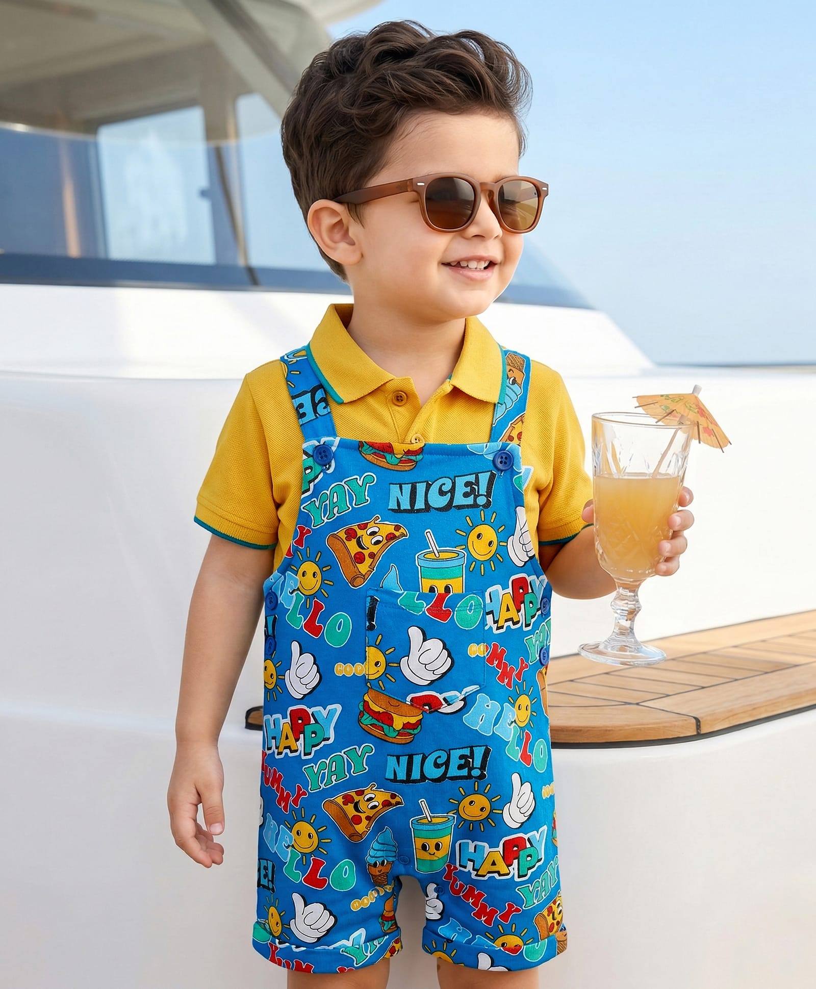 Babyhug Single Jersey Knit Half Sleeves Polo T-Shirt & Dungaree with Nice Text Print - Yellow & Blue-image-37