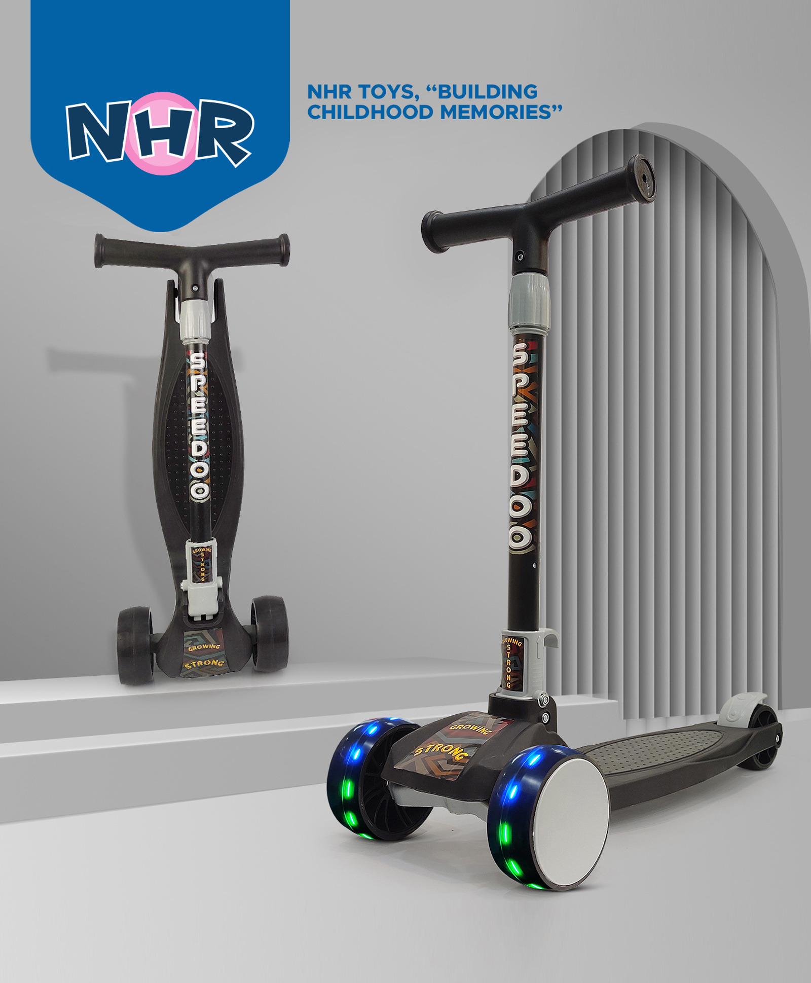 NHR 3 Leval Adjustable Height Smart Kick Scooter With LED Light Up Wheels | Foldable Scooter With Non Slip Deck Plate & Brakes | Kick Scooter For Kids 6+ Year-image-47