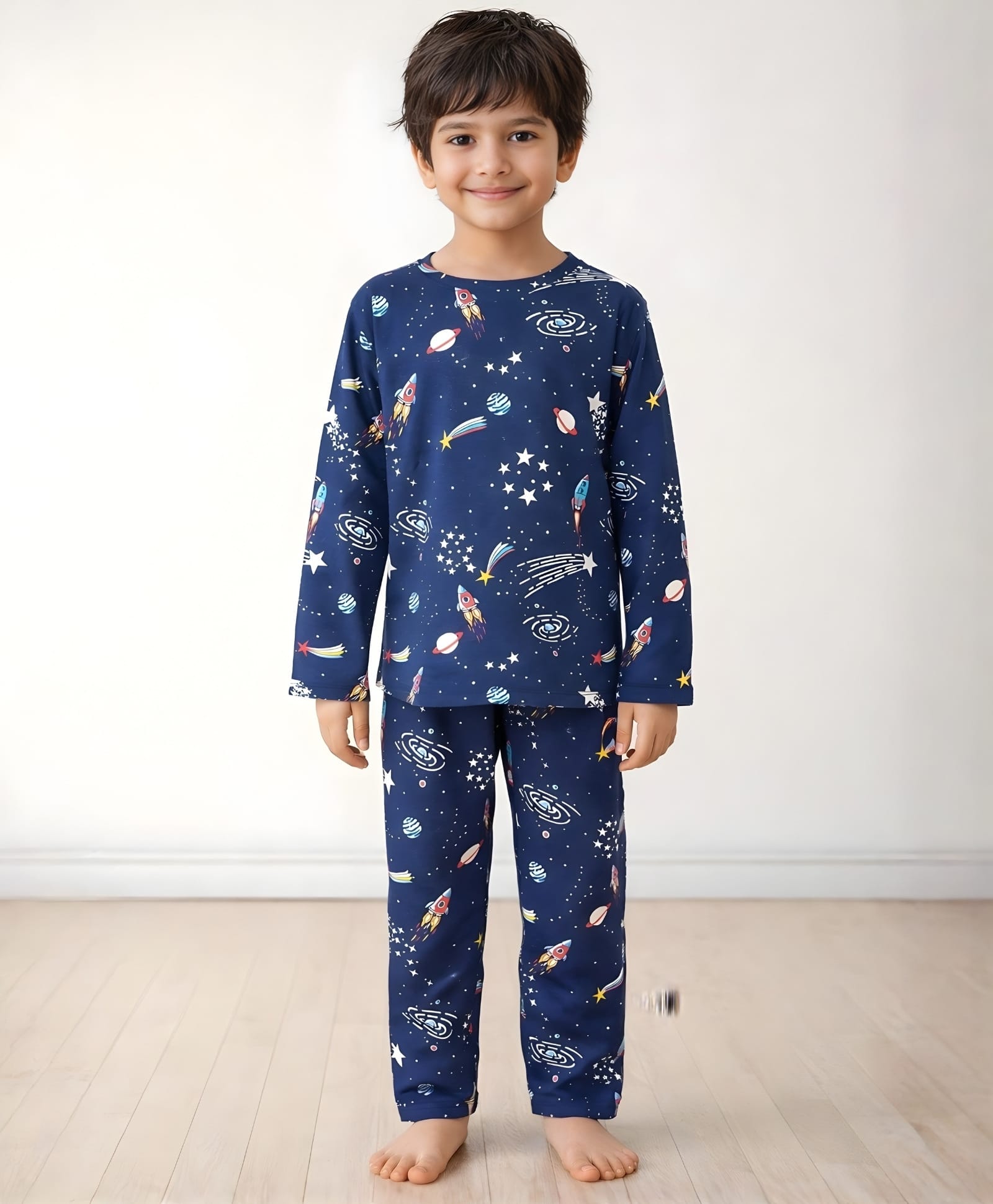 Anthrilo Pure Cotton Knit Half Sleeves Space Theme Printed Coordinating Tee Pajama Set - Blue-image-7