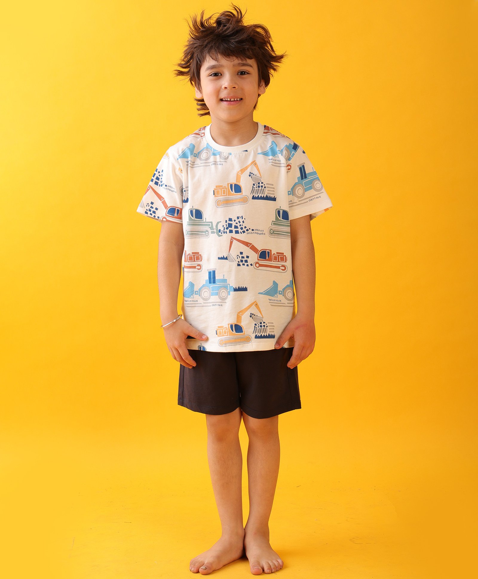 Anthrilo Cotton Knit Half Sleeves Vehicles Printed Tee & Shorts Set - White & Navy-image-45
