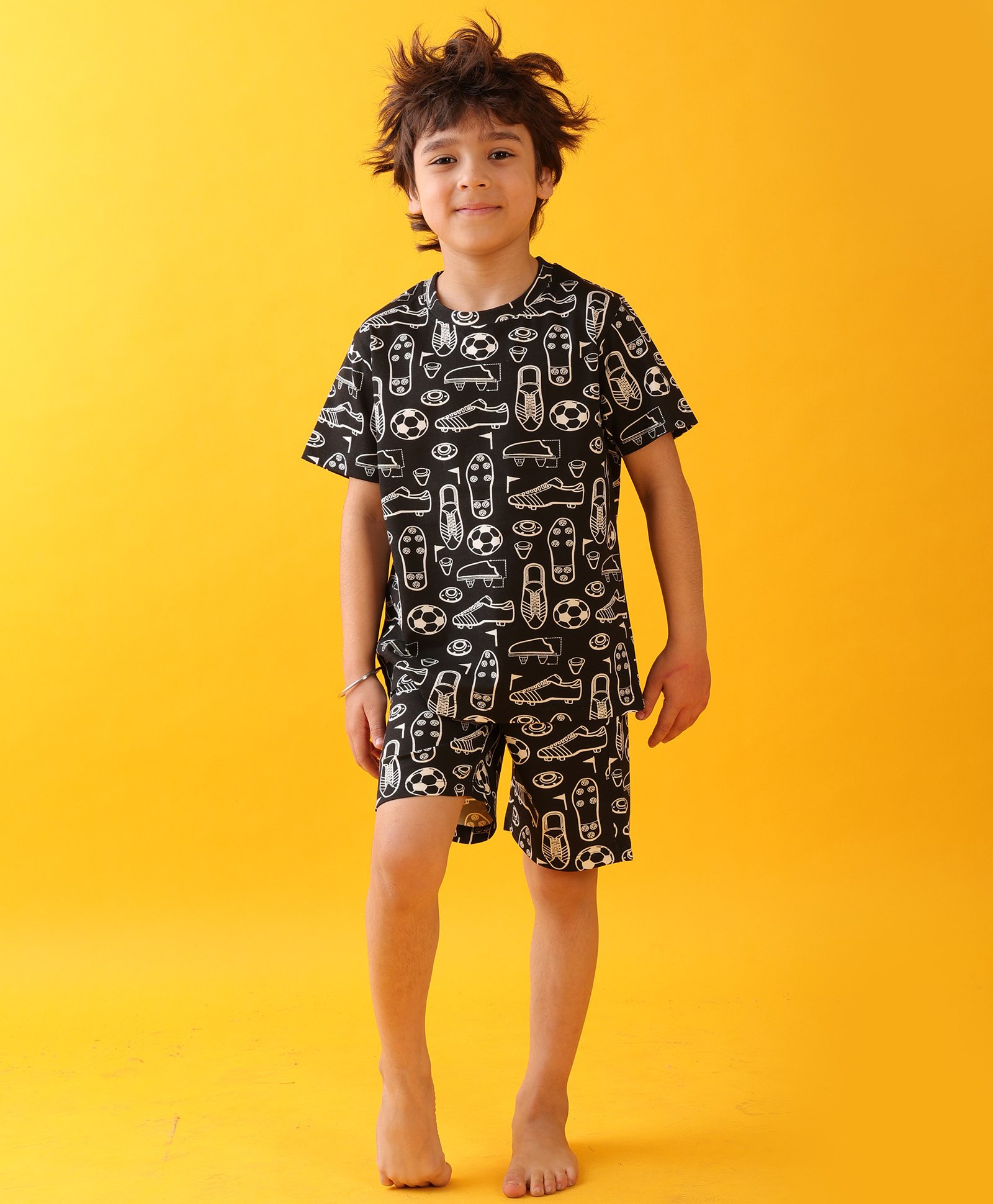 Anthrilo Cotton Knit Half Sleeves Football Theme Printed Tee & Coordinating Shorts Set - Black-image-40