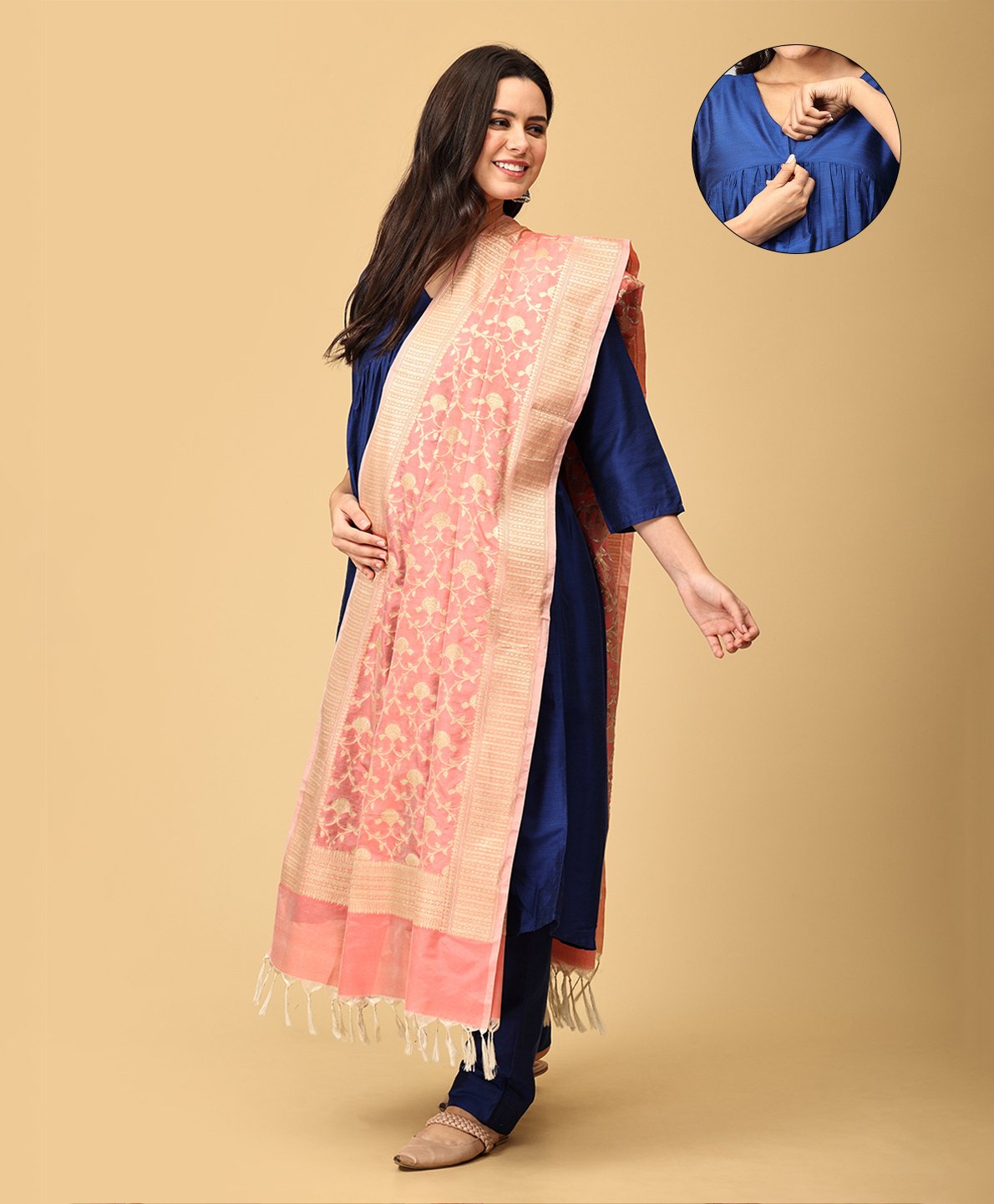 The Mom Store Silk Three Fourth Sleeves Solid Maternity Kurta With Nursing Access & Salwar With Foil Printed Dupatta Set - Multi Color-image-38