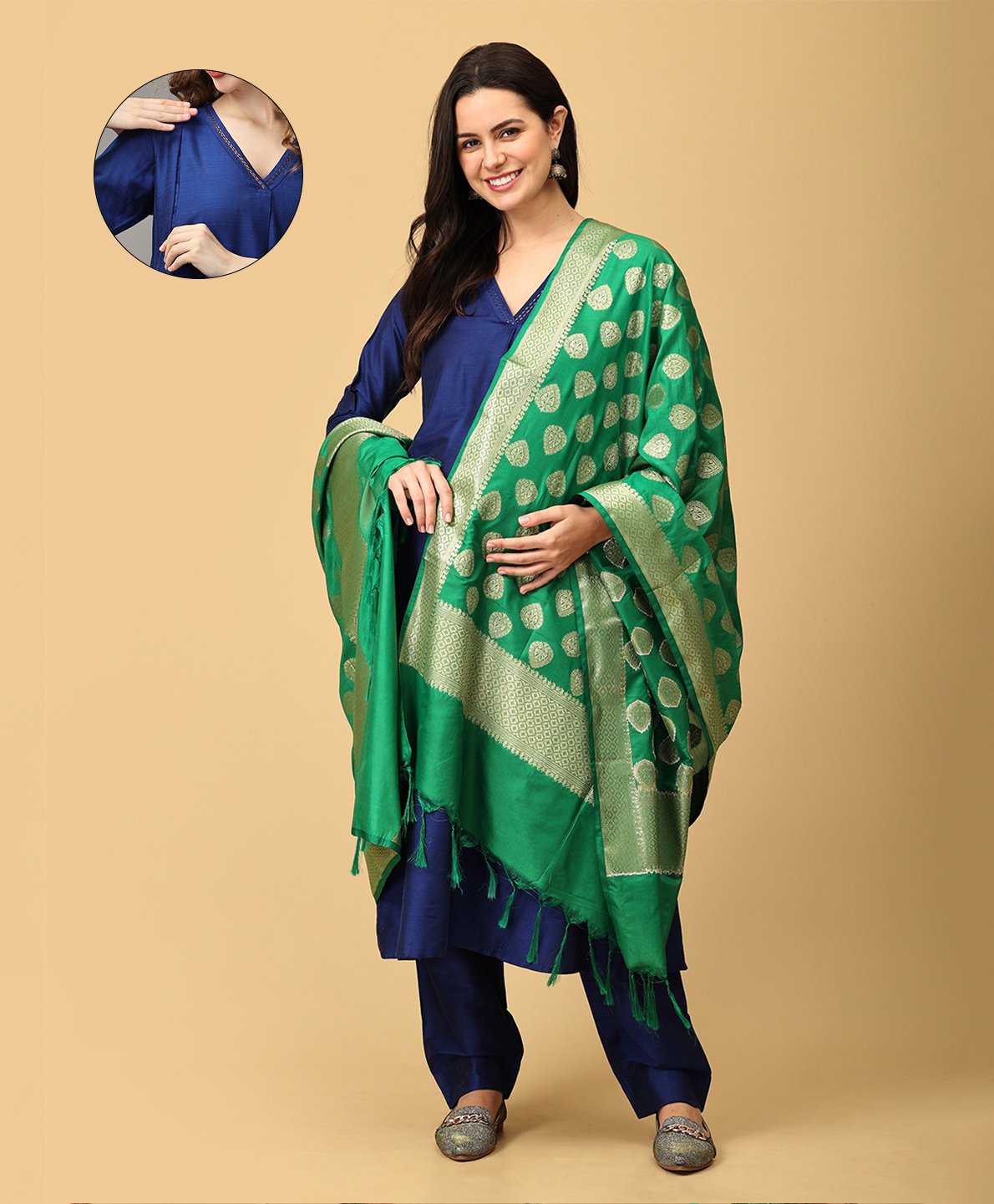 The Mom Store Silk Three Fourth Sleeves Solid Maternity Kurta With Nursing Access & Salwar With Foil Printed Dupatta Set - Blue-picture-31