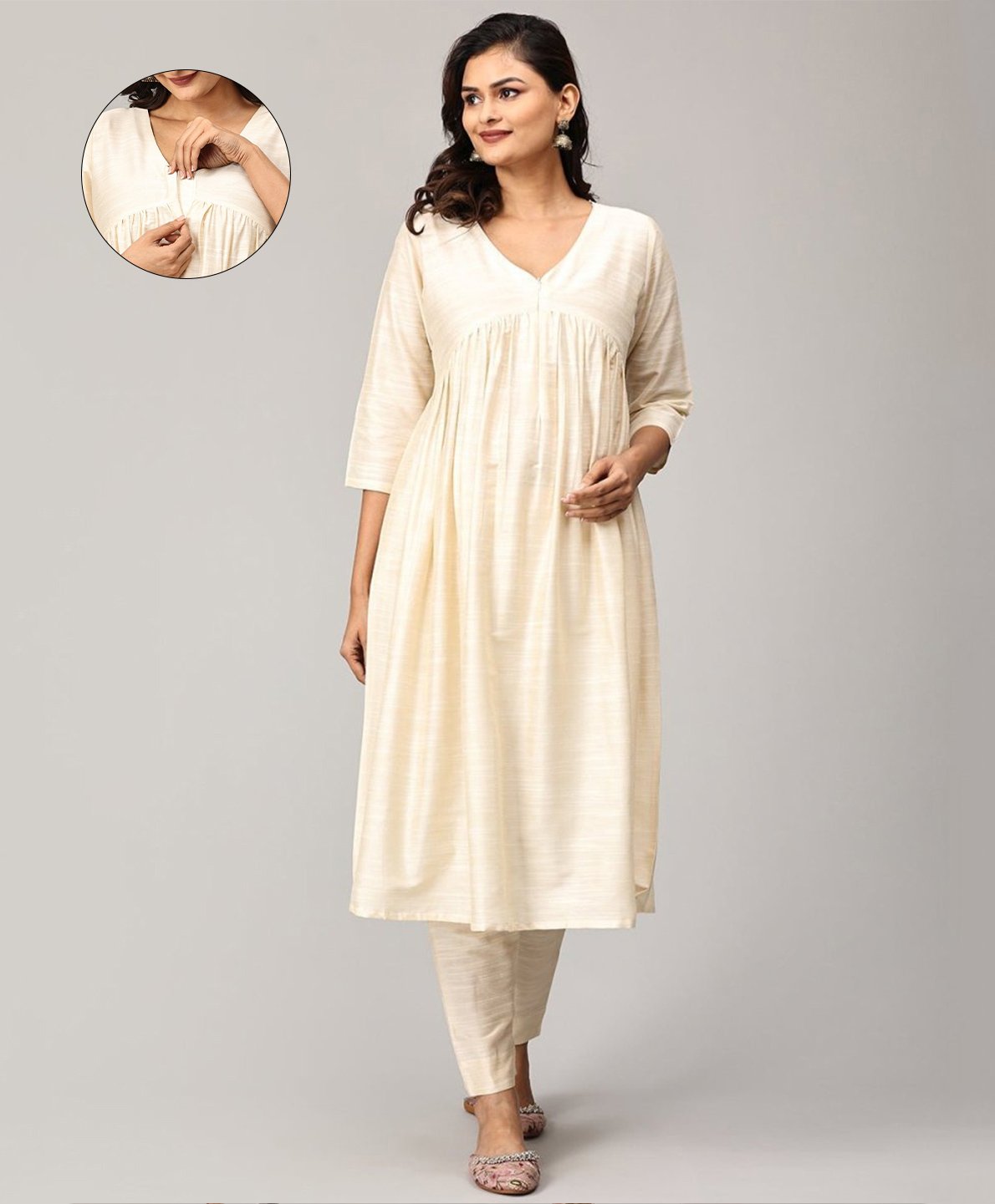 The Mom Store Silk Three Fourth Sleeves Solid Maternity Kurta With Nursing Access & Salwar Set - Off White-picture-39