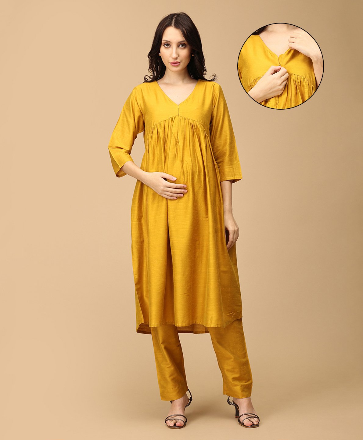 The Mom Store Silk Three Fourth Sleeves Solid Maternity Kurta With Nursing Access & Salwar Set - Yellow-picture-17