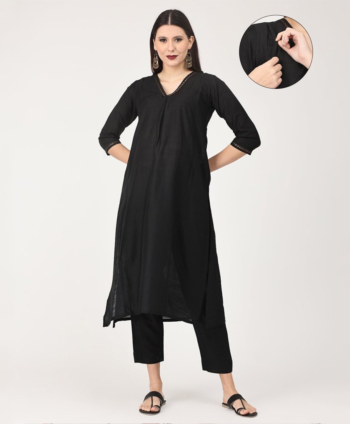 The Mom Store Silk Three Fourth Sleeves Solid Maternity Kurta With Nursing Access & Salwar Set - Black-picture-18