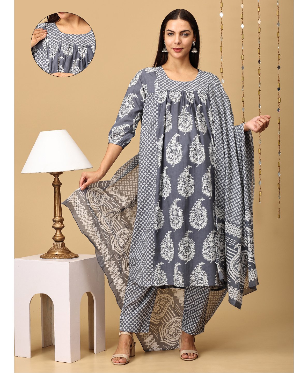 The Mom Store Cotton Three Fourth Sleeves Leaves Printed Maternity Kurta With Nursing Access & Salwar With Foil Printed Dupatta Set - Navy Blue-picture-32