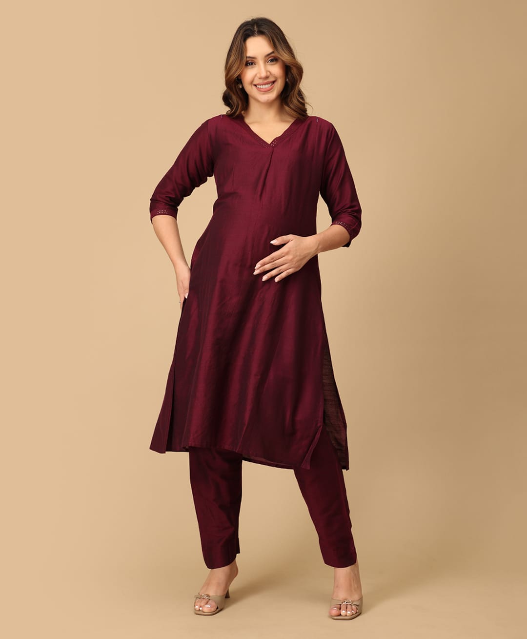 The Mom Store Silk Three Fourth Sleeves Solid Maternity Kurta With Nursing Access & Salwar Set - Maroon-picture-42