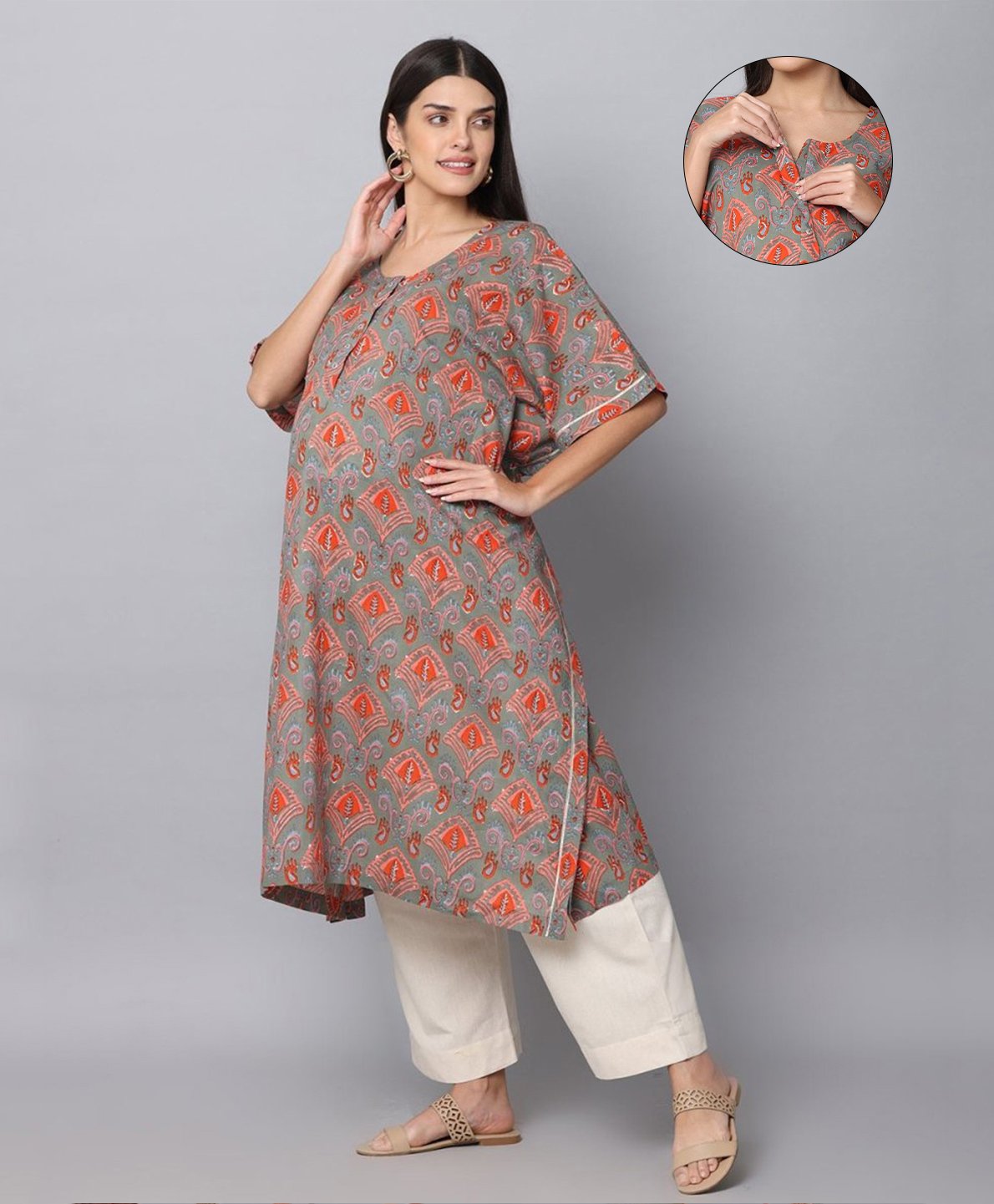 The Mom Store Cotton Three Fourth Sleeves Leaves Printed Maternity Kurta With Nursing Access & Pant Set - Grey-picture-23