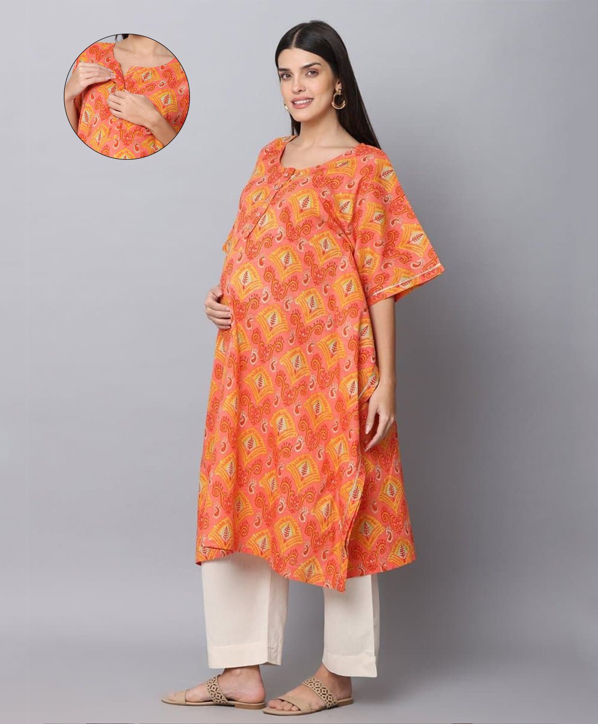 The Mom Store Cotton Three Fourth Sleeves Leaves Printed Maternity Kurta With Nursing Access & Pant Set - Orange-picture-22