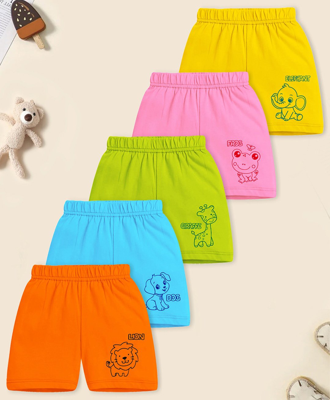 Trampoline Cotton Blend Pack Of 5 Baby Animals Printed Shorts - Multi Colour-picture-16