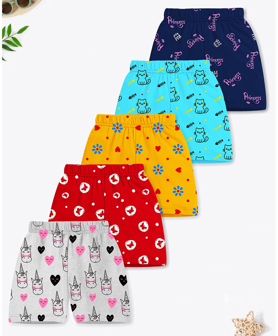 Trampoline Cotton Blend Pack Of 5 Cat & Hearts Printed Shorts - Multi Colour-picture-25