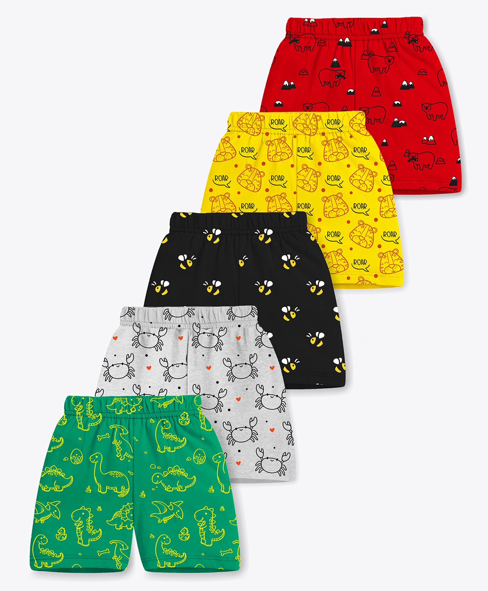 Trampoline Cotton Blend Pack Of 5 Animals & Bees Printed Shorts - Multi Colour-picture-24
