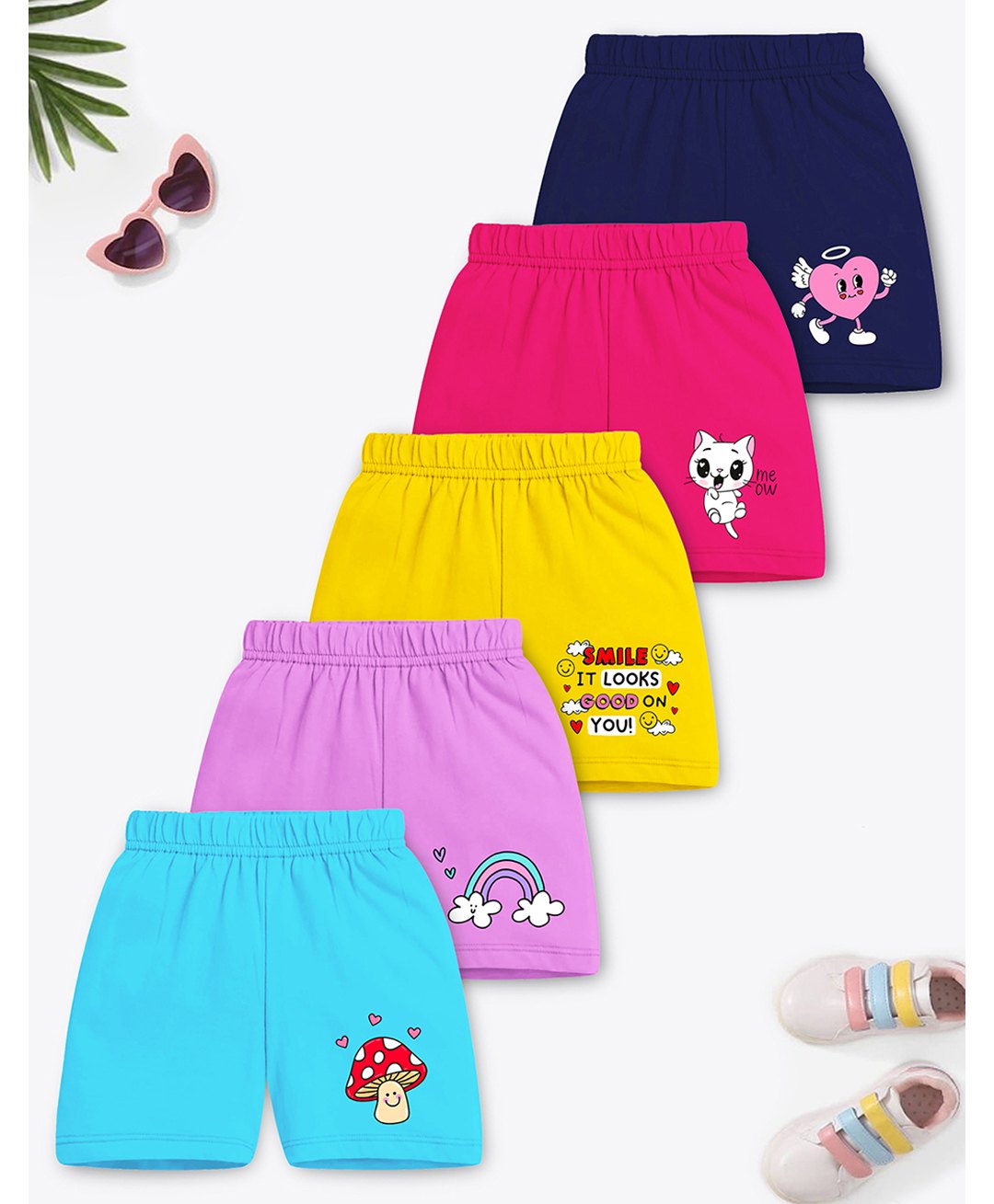 Trampoline Cotton Blend Pack Of 5 Heart & Cat Printed Shorts - Multi Colour-image-28