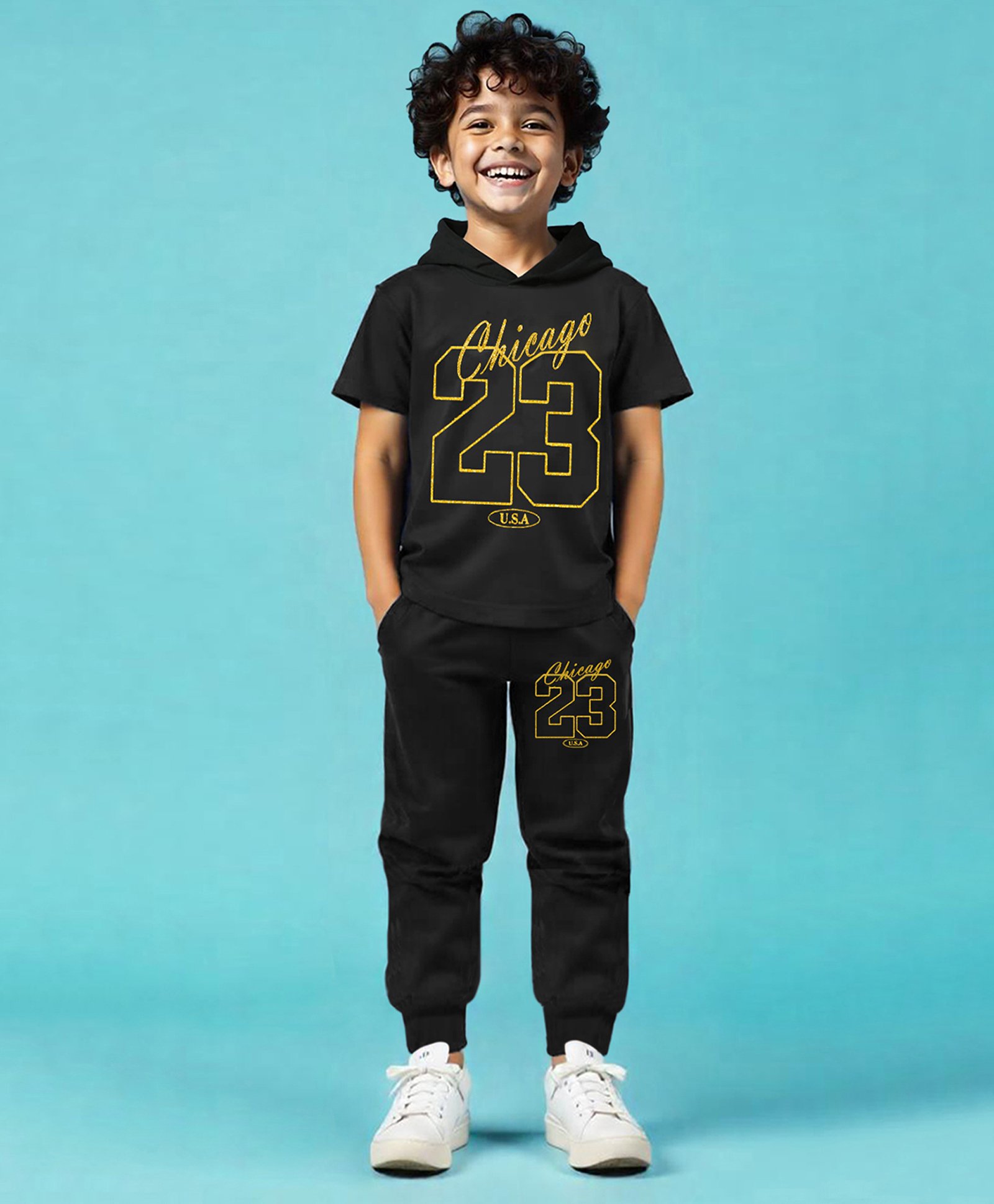 Trampoline Cotton Blend Half Sleeves Chicago 23 Text Printed Hooded Tee & Track Pants Set - Black-picture-20