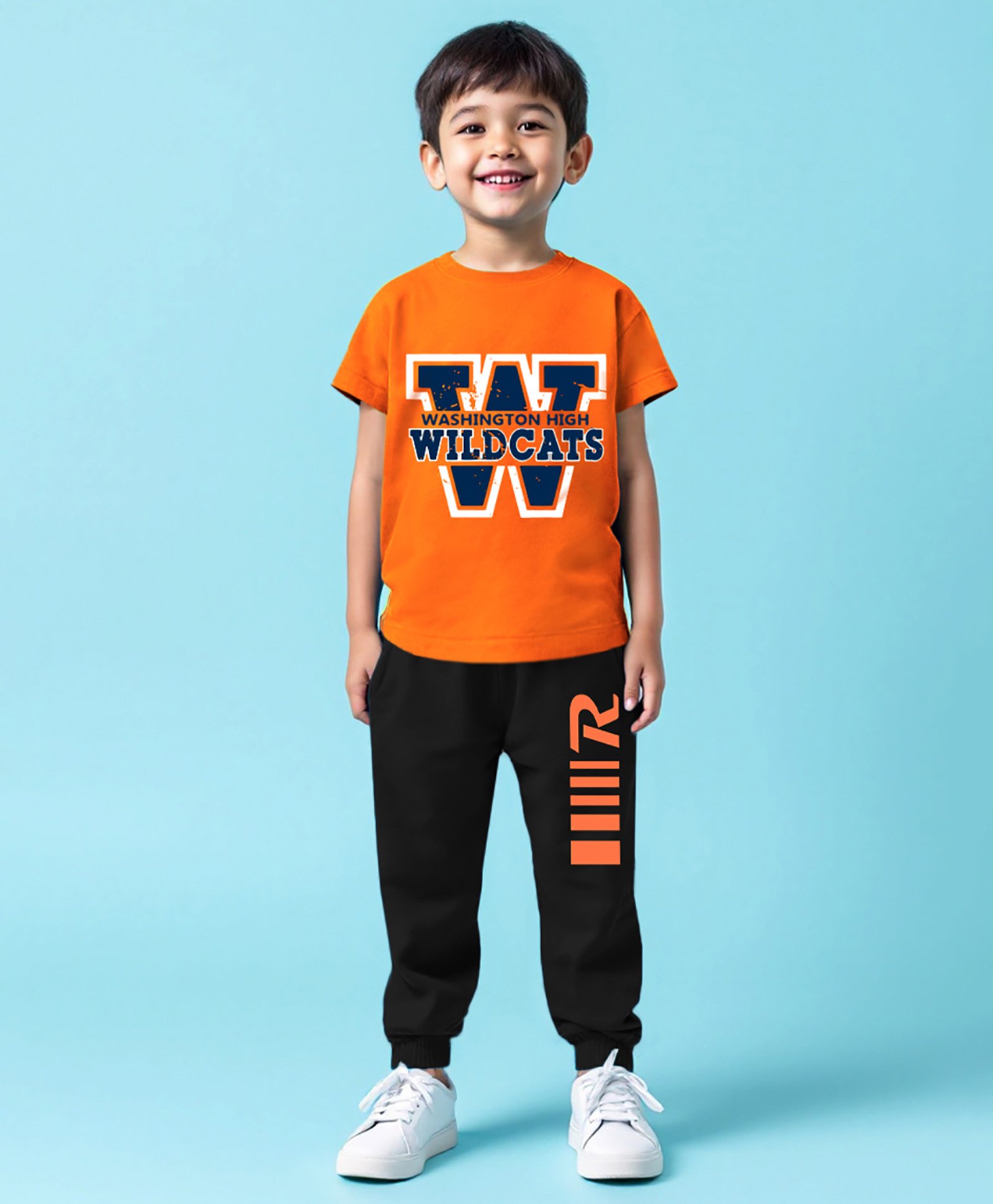 Trampoline Cotton Blend Half Sleeves Wild Cats Text Printed Tee & Track Pants Set - Orange & Black-picture-23
