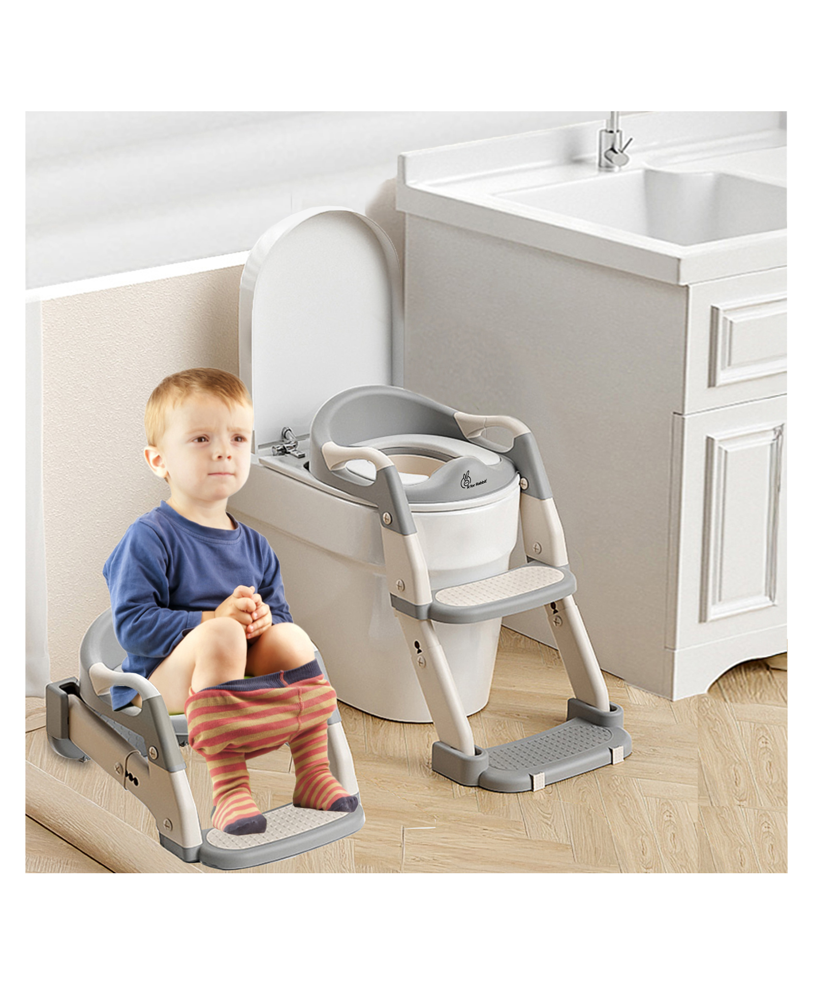 R for Rabbit Hilltop Step Stool Potty Trainer Seat Ladder Step Up Training Stool Non-Slip Steps Ladder Adjustable Foldable for Kids Baby 1 to 7 Years (Grey White)-picture-12