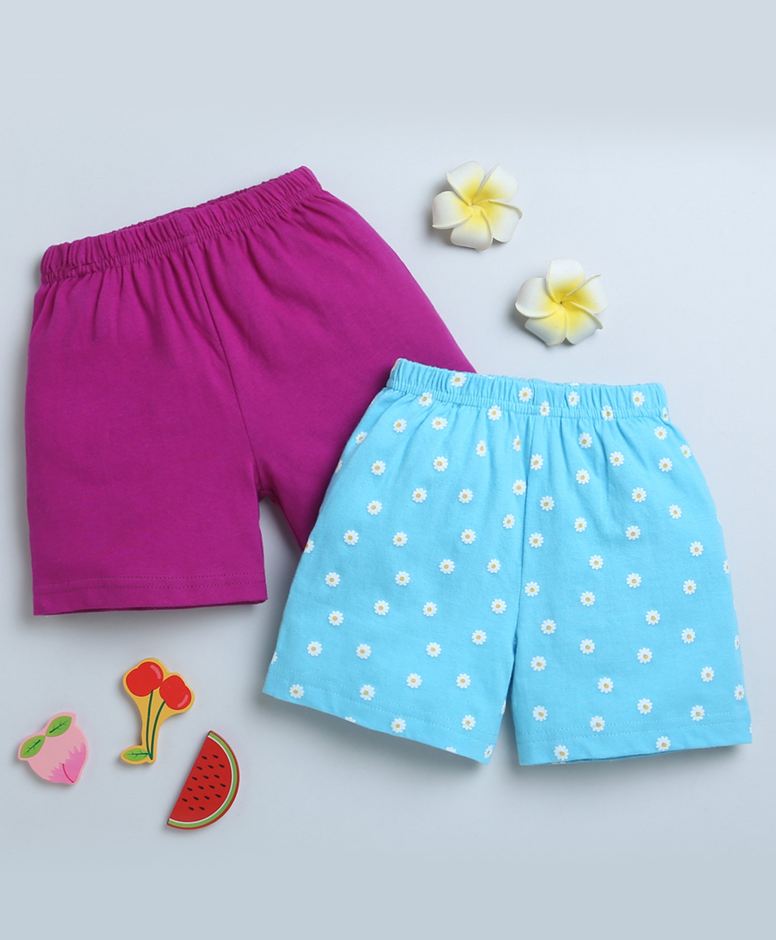 BUMZEE Cotton Knit Above Knee Length Short With Floral Print Pack Of 2 - Light Blue & Fuchsia-picture-26
