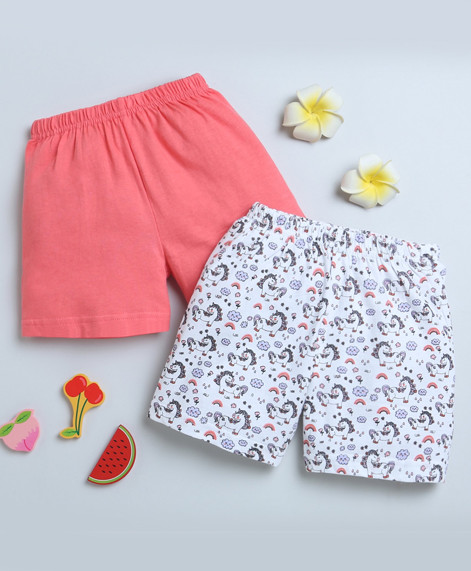 Bumzee Cotton Knit Above Knee Length Shorts with Unicorn Print Pack of 2 - Coral & White-image-48