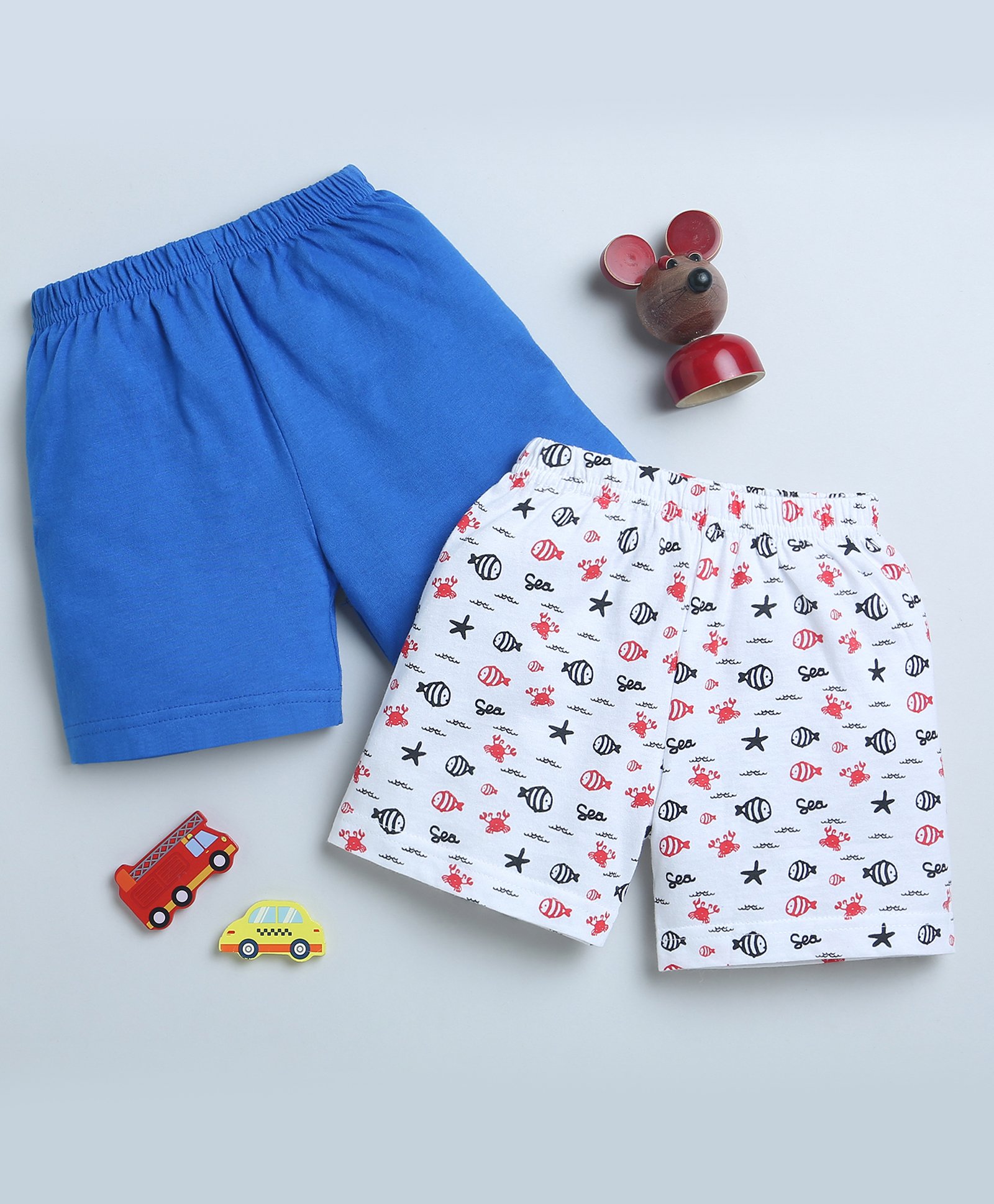 Bumzee Cotton Knit Above Knee Length Shorts with Fish Print Pack of 2 - Royal Blue & White-image-34