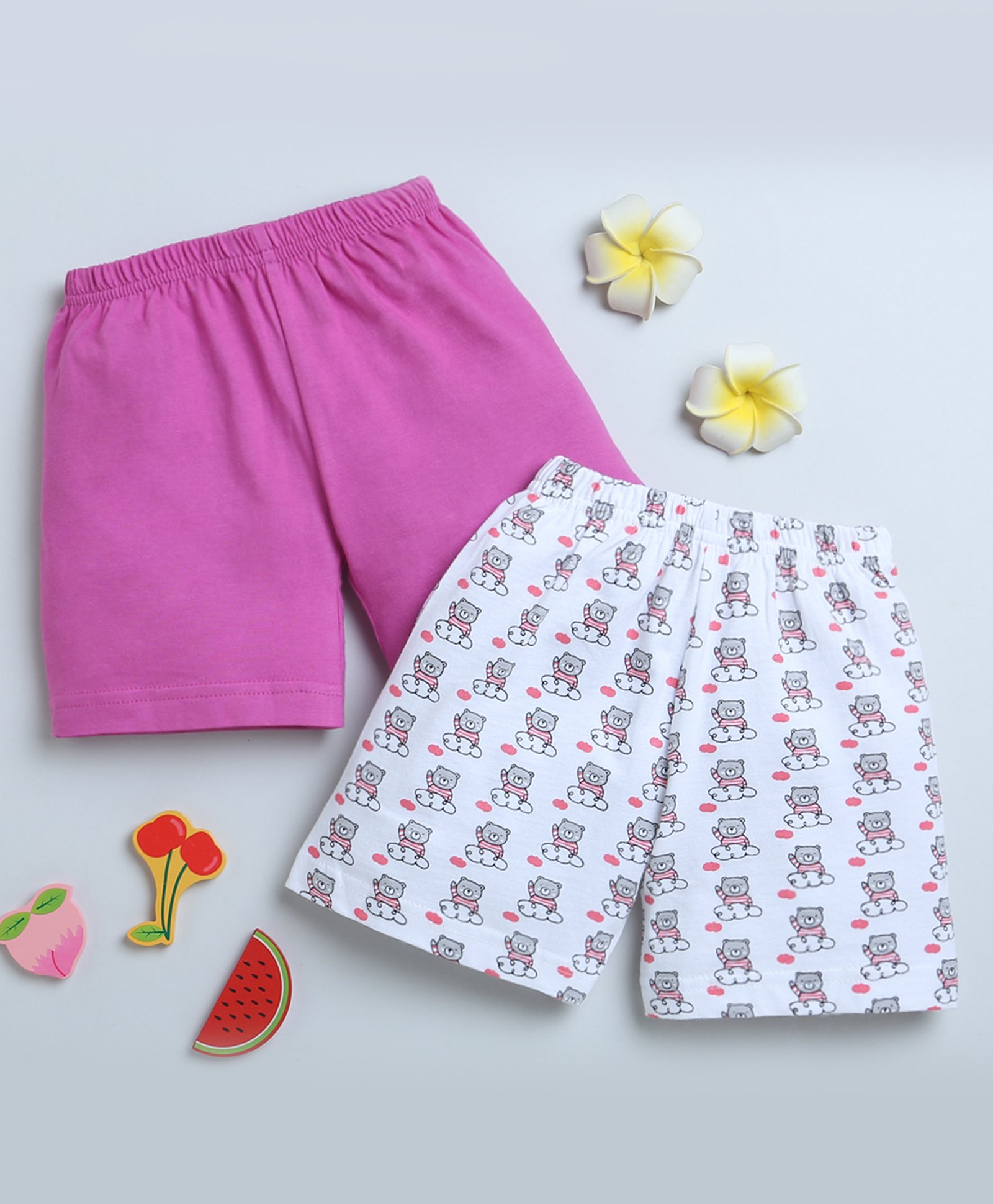 Bumzee Cotton Knit Above Knee Length Shorts with Teddy Bear Print Pack of 2 - Purple & White-picture-28