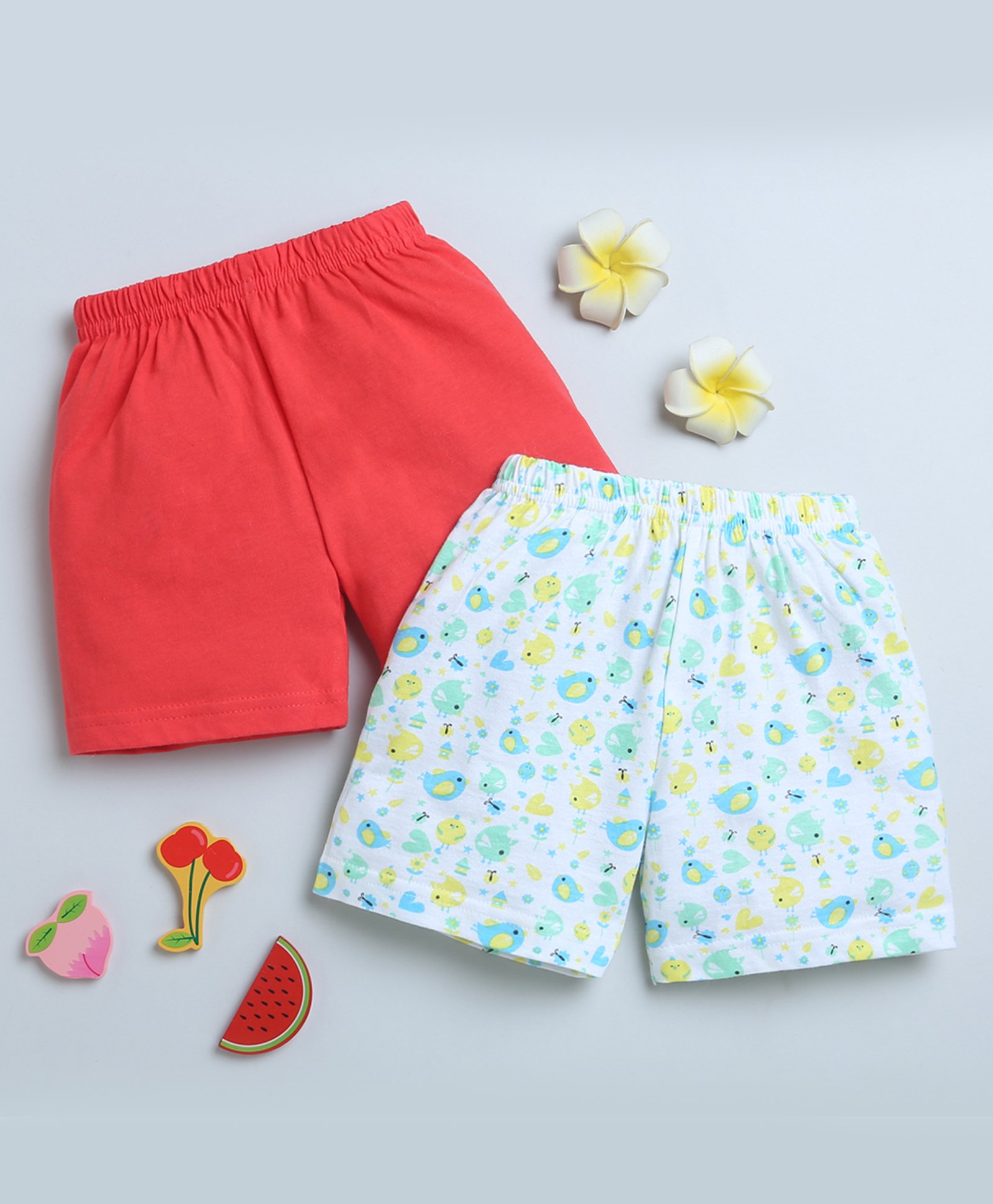 Bumzee Cotton Knit Above Knee Length Shorts with Birds Print Pack of 2 - Red & White-picture-37