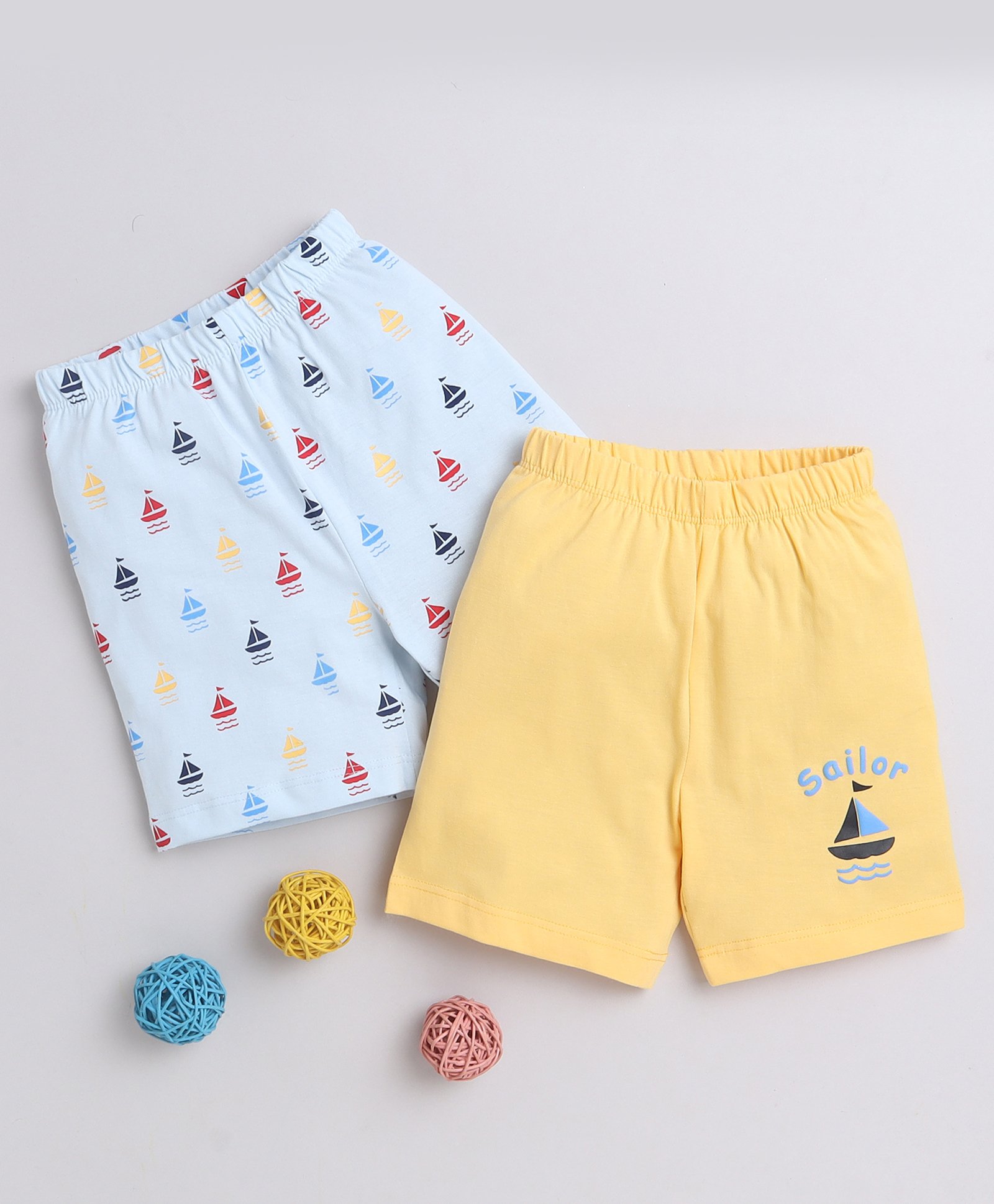 BUMZEE Cotton Woven Above Knee Length Shorts with Nautical Theme Print Pack of 2 - Yellow & Light Blue-picture-28