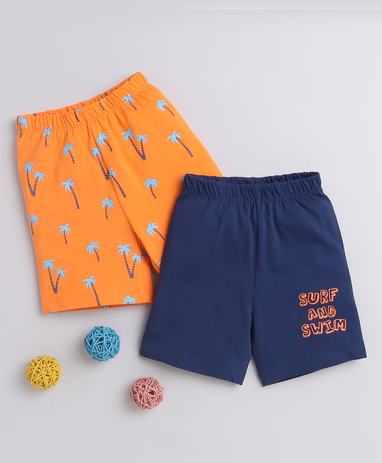 BUMZEE Cotton Woven Above Knee Length Shorts with Beach Theme Print Pack of 2 - Navy Blue & Orange-picture-20
