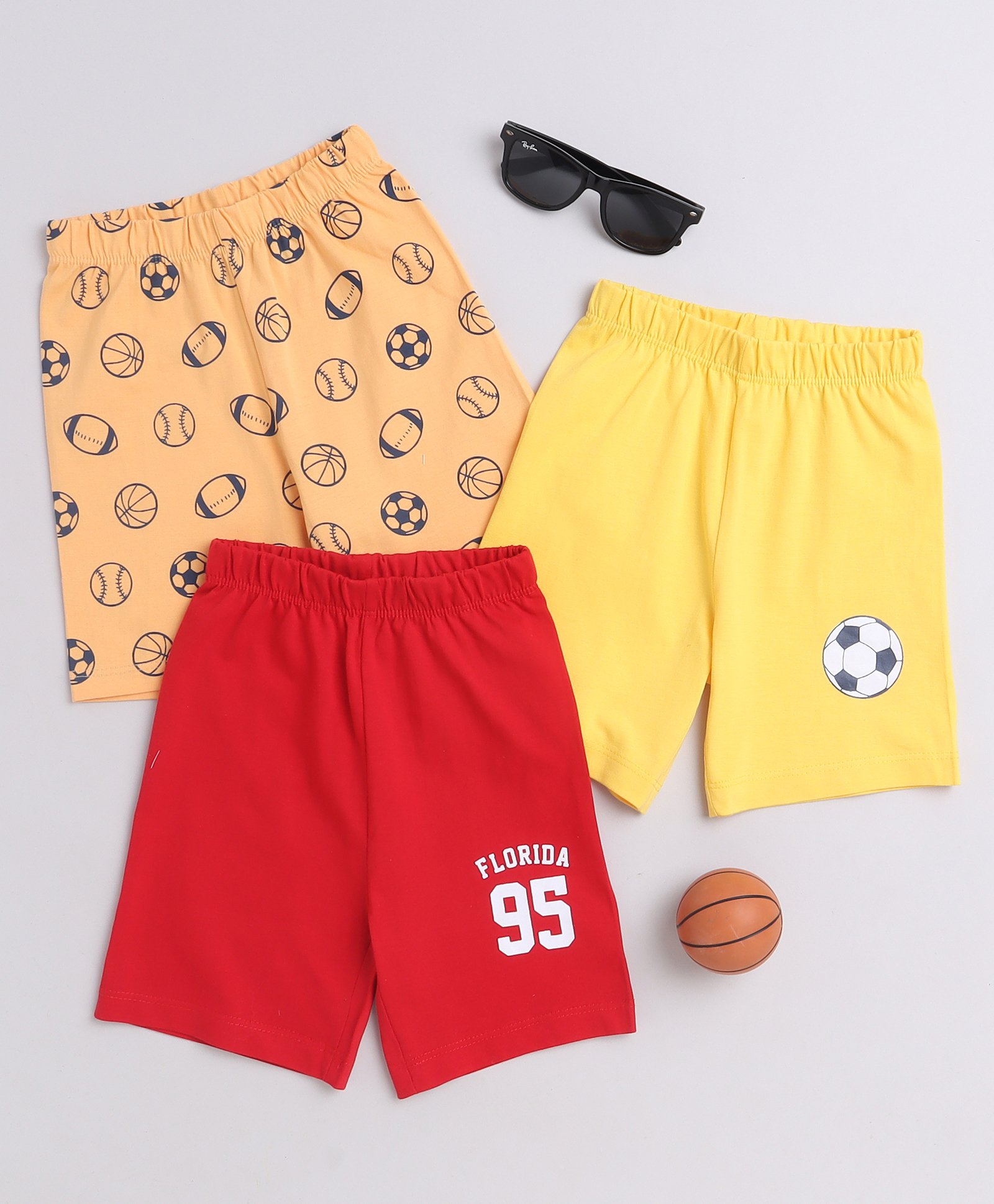 BUMZEE Cotton Woven Above Knee Length Shorts with Sports Print Pack of 3 - Red Yellow & Peach-picture-18