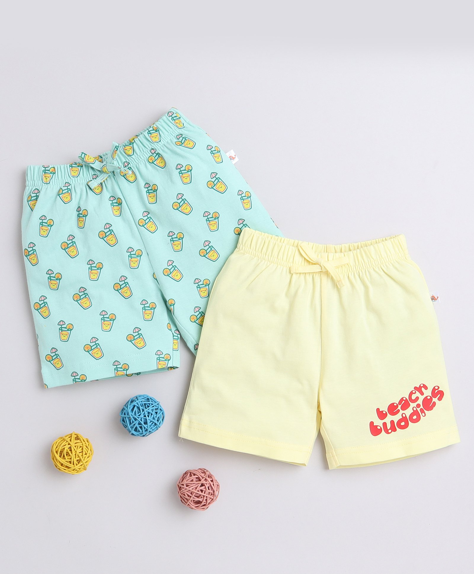 BUMZEE Cotton Knit Above Knee Length Beach Theme Printed Shorts Pack of 2 - Yellow & Mint-picture-16